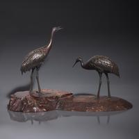 A Japanese Patinated Bronze 'Cranes' Figural Group, Hidenao, Meiji Period — 日本明治時代 銅鶴一對