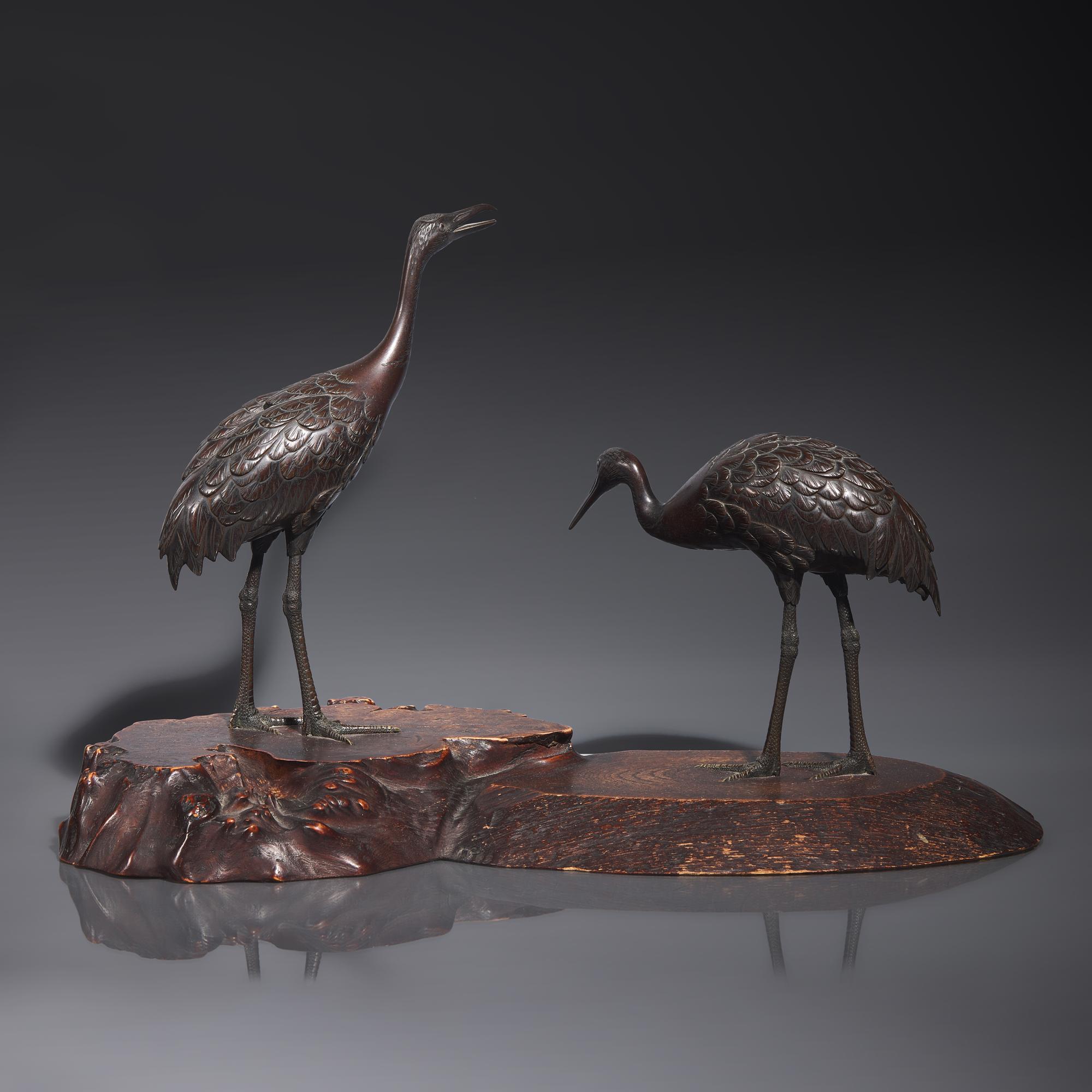 A Japanese Patinated Bronze 'Cranes' Figural Group, Hidenao, Meiji Period — 日本明治時代 銅鶴一對