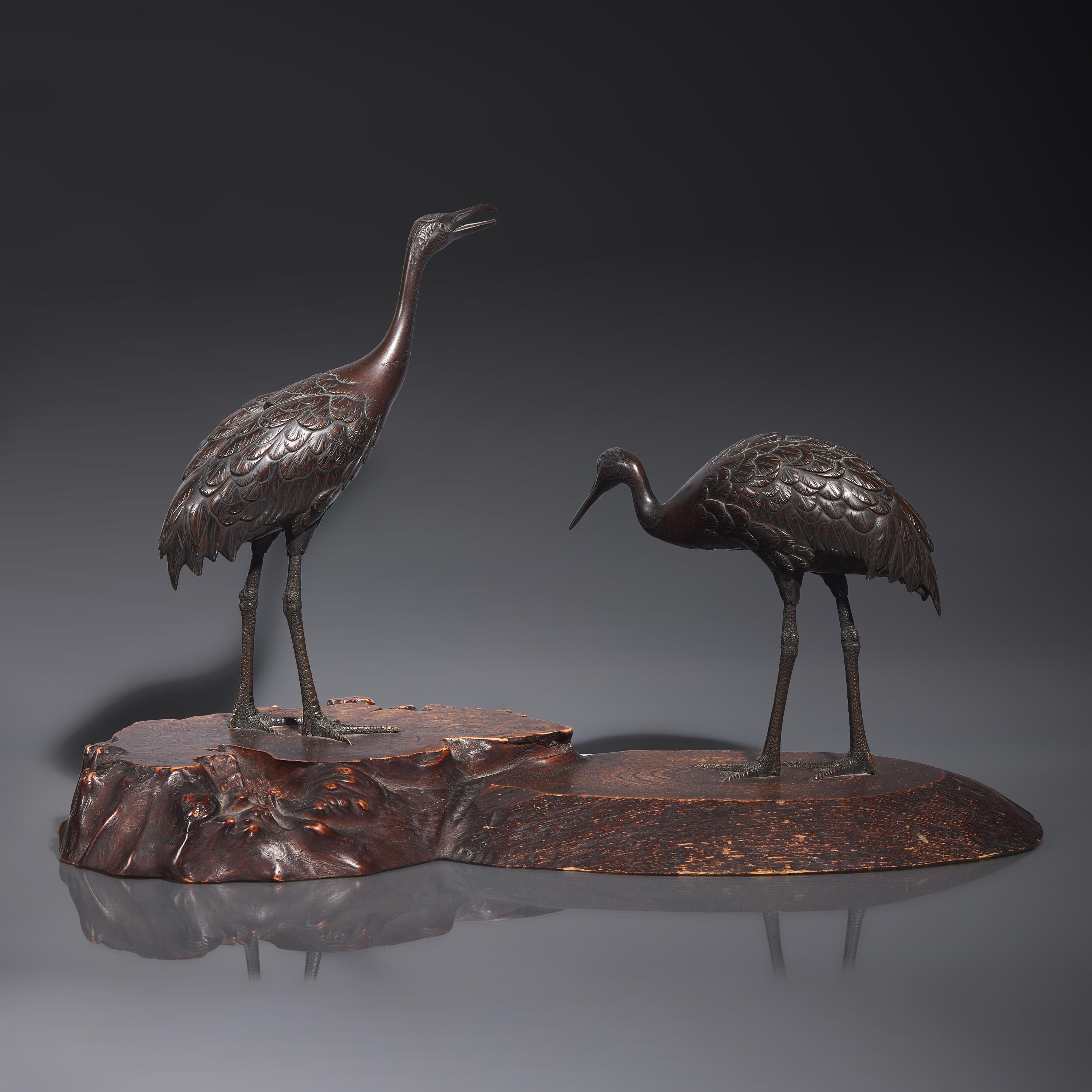 A Japanese Patinated Bronze 'Cranes' Figural Group, Hidenao, Meiji Period — 日本明治時代 銅鶴一對