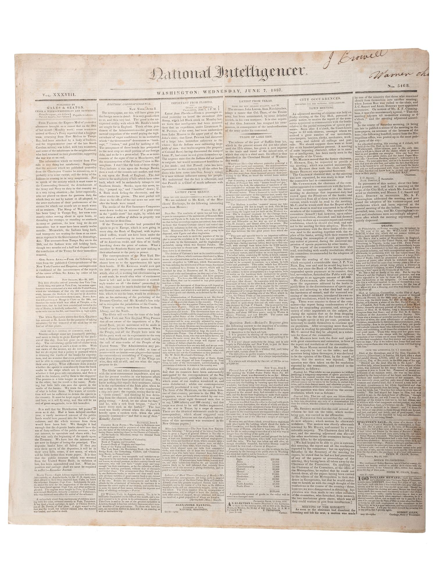 [SLAVERY & ABOLITION]. Advertisements for the return of freedom seekers published in 8 issues of The National Intelligencer . Washington, DC: May-August 1837.