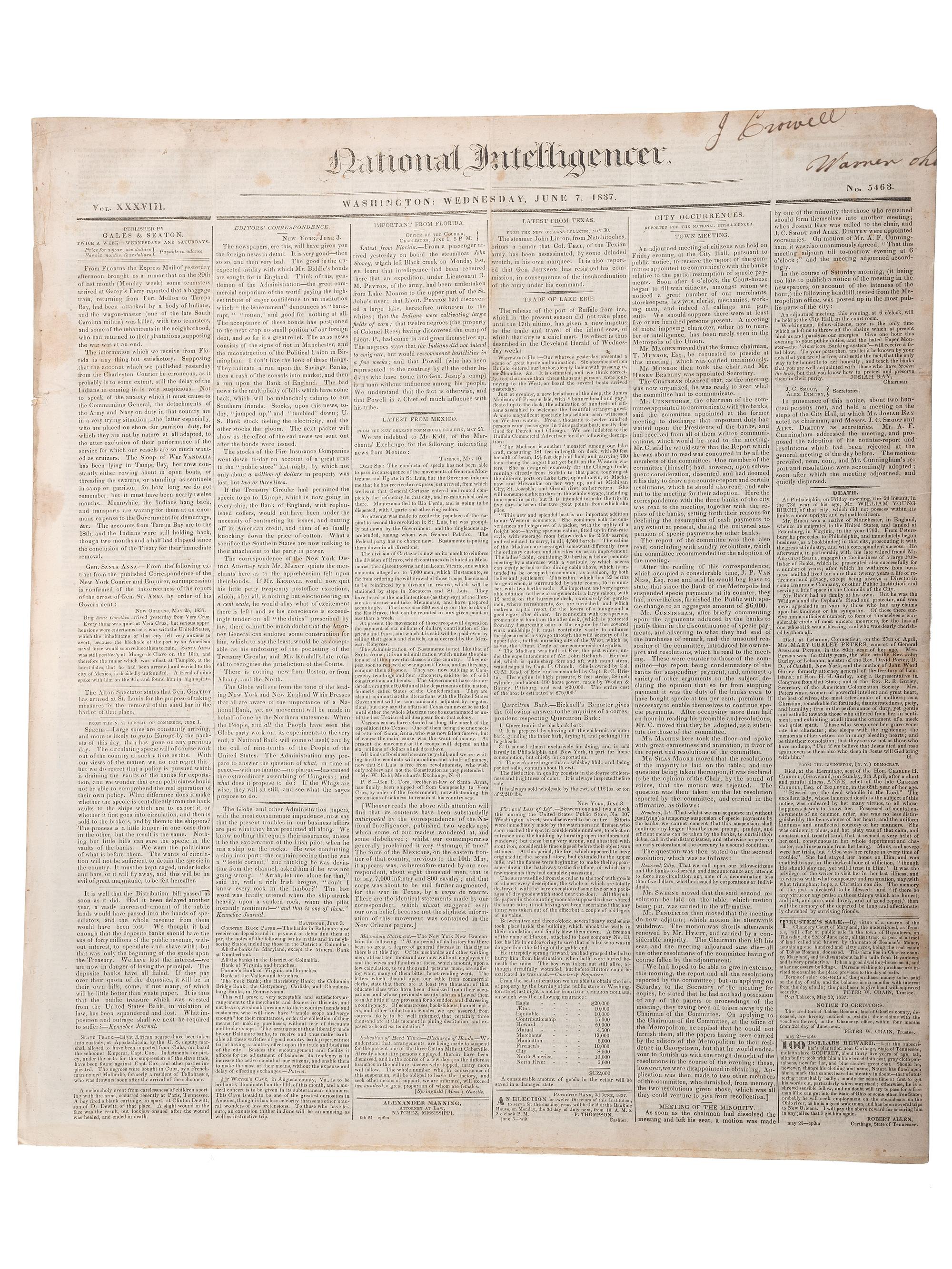 [SLAVERY & ABOLITION]. Advertisements for the return of freedom seekers published in 8 issues of The National Intelligencer . Washington, DC: May-August 1837.
