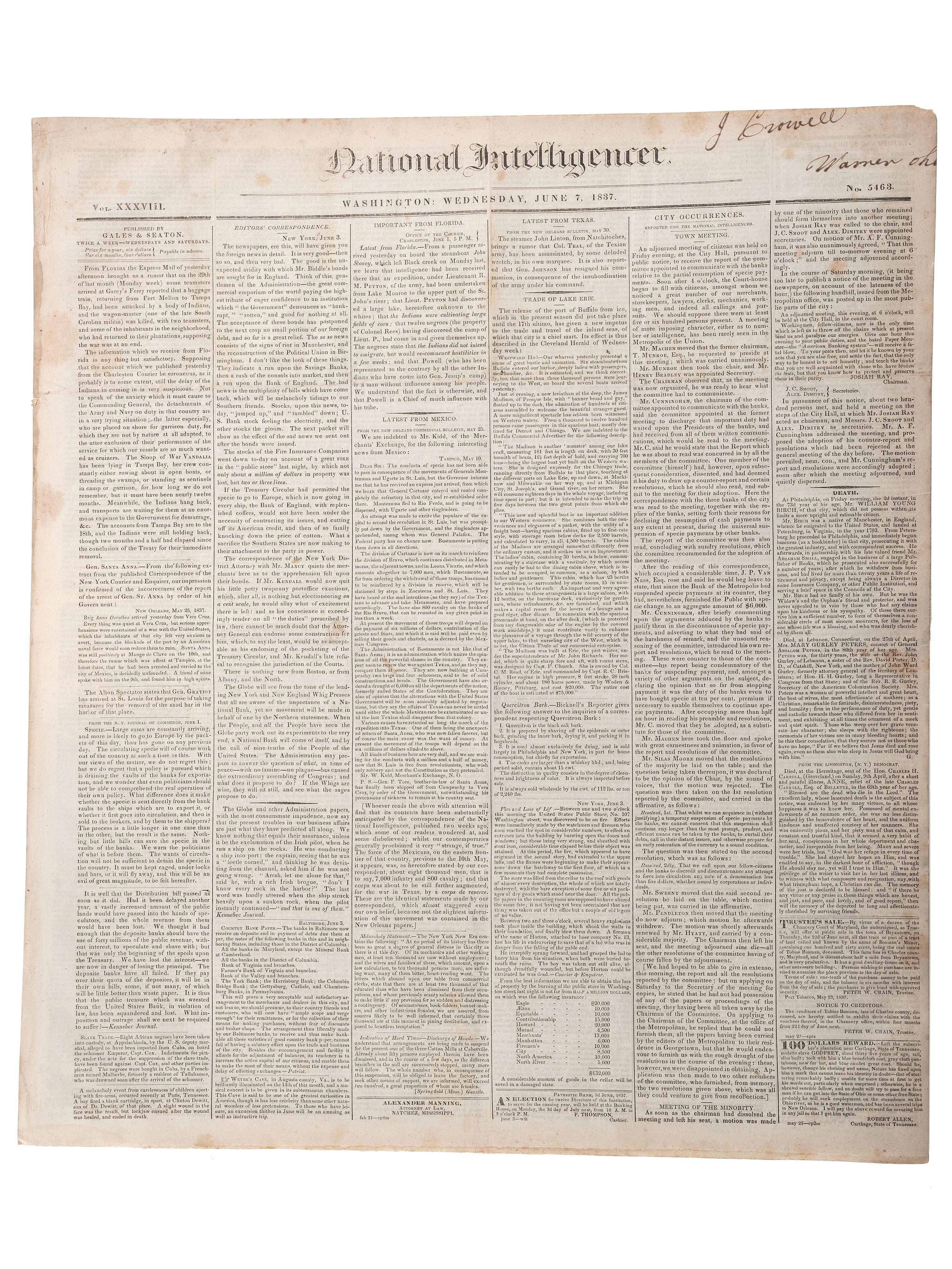 [SLAVERY & ABOLITION]. Advertisements for the return of freedom seekers published in 8 issues of The National Intelligencer . Washington, DC: May-August 1837.