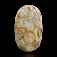 A Chinese carved jade oval plaque with a figure of Liu Hai in a landscape 松下童子白玉牌饰 18th / 19th century ???????