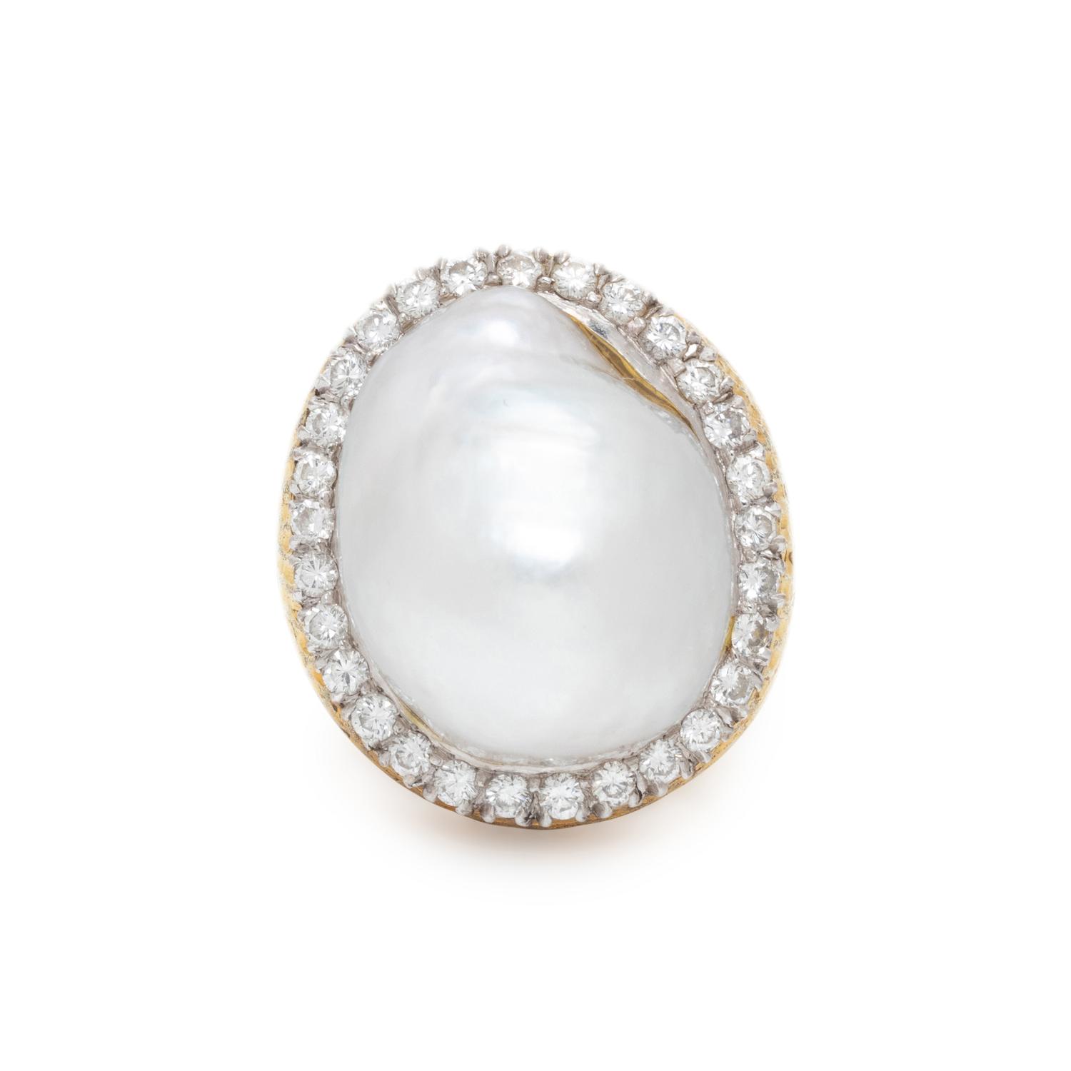 CULTURED BAROQUE PEARL AND DIAMOND RING