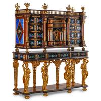 An Italian Baroque Style Gilt Bronze Mounted Pietra Dura, Lapis Lazuli and Giltwood Cabinet on Stand