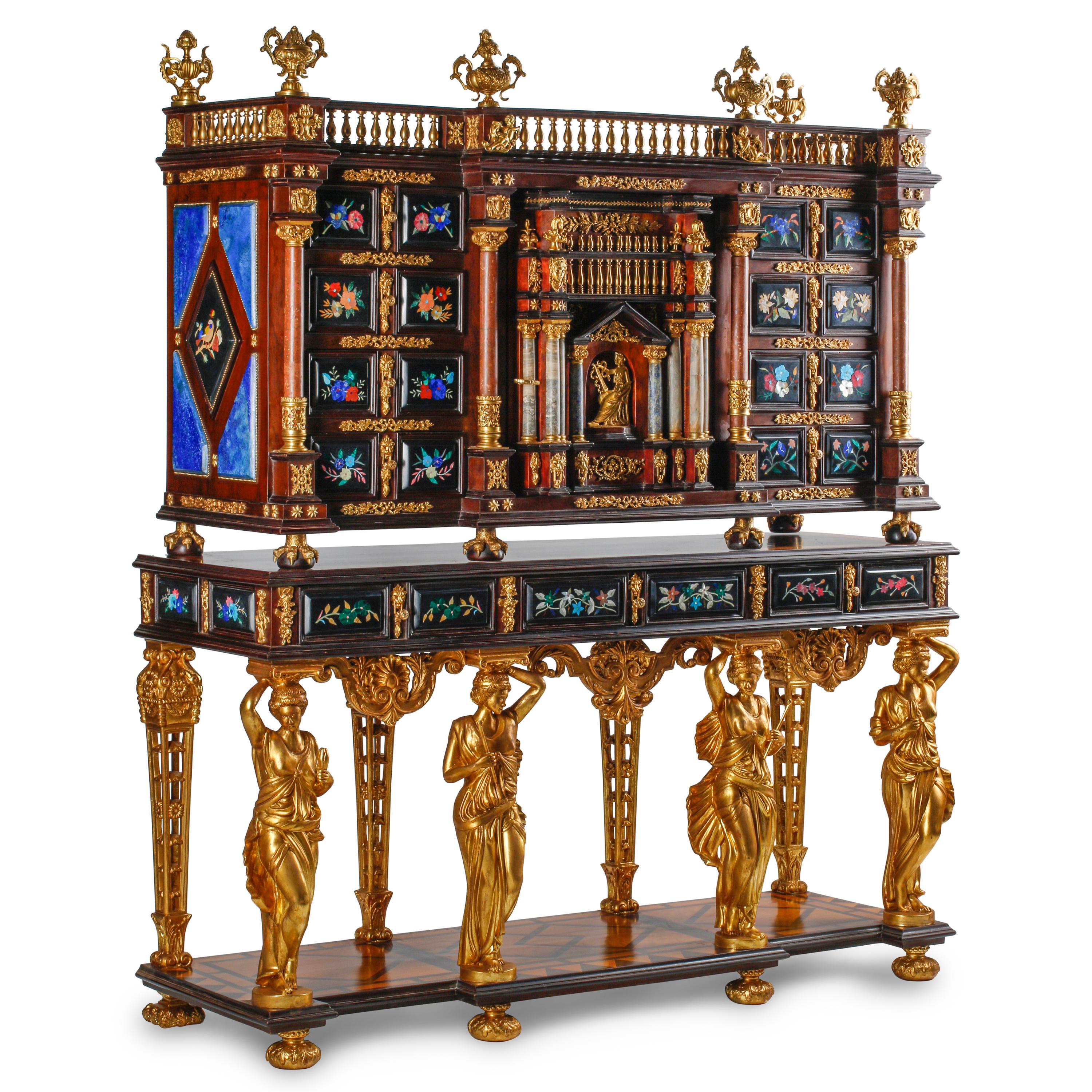 An Italian Baroque Style Gilt Bronze Mounted Pietra Dura, Lapis Lazuli and Giltwood Cabinet on Stand