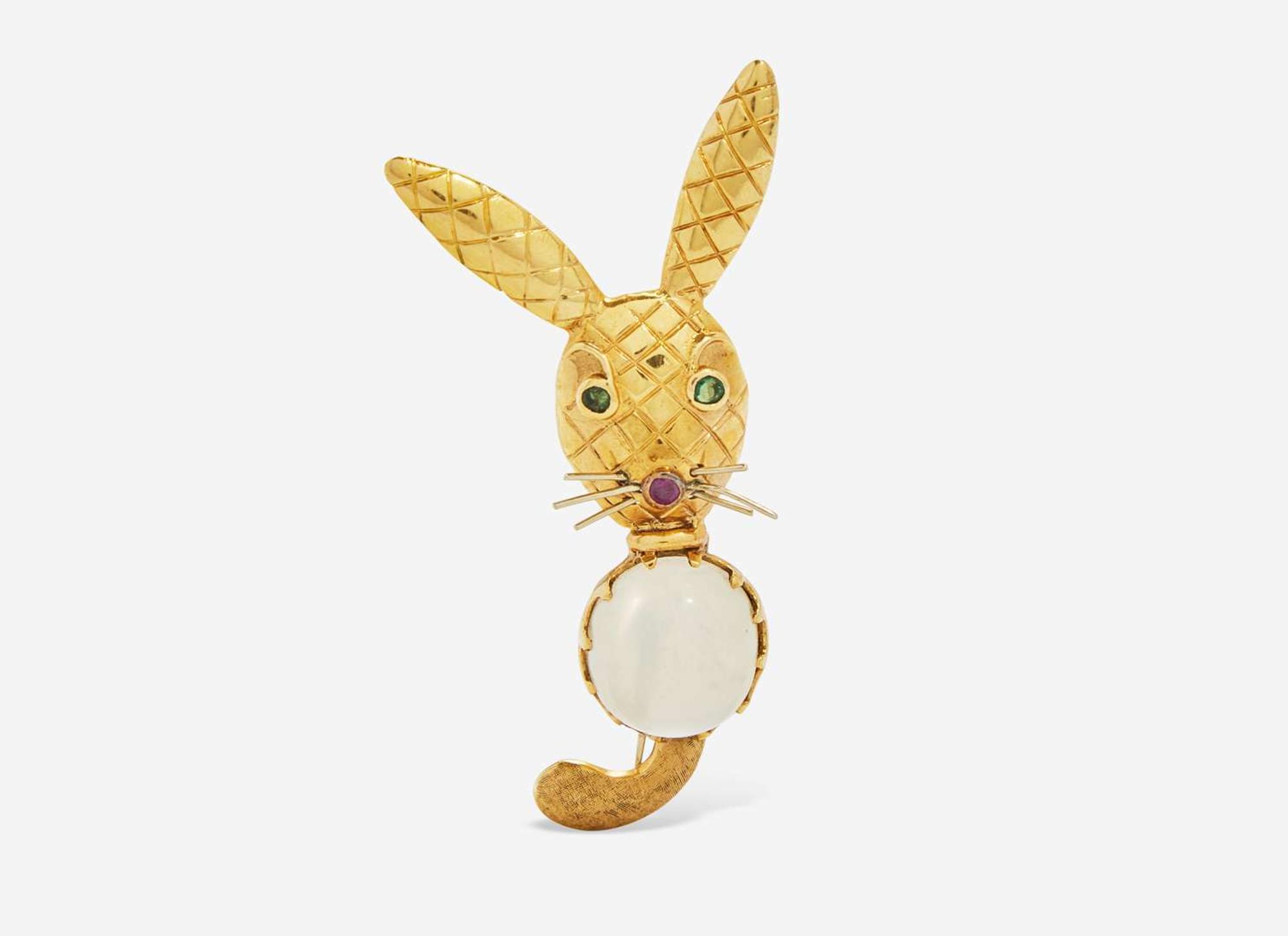An 18K Yellow Gold and Gemstone Bunny Brooch
