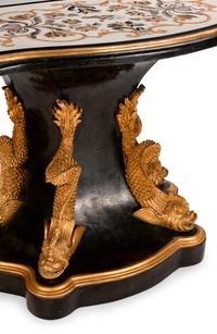 A Pair of Italian Empire Style Parcel-Gilt and Inlaid Marble Consoles