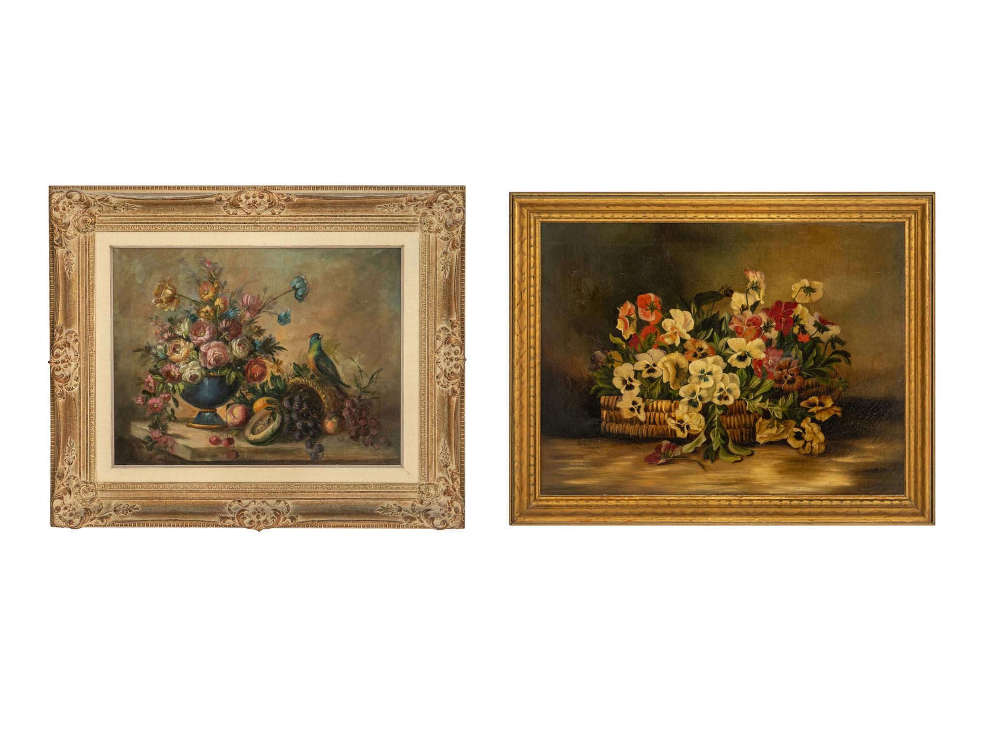 Continental School, 20th Century Two Floral Still-Lifes oil on canvas 19 x 25 inches and 18 x 24 inches.