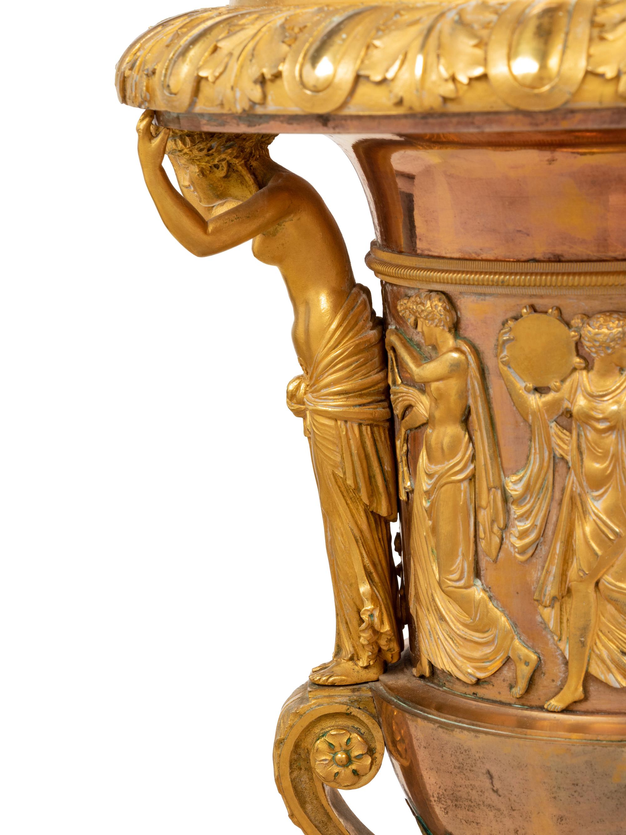 A Pair of Neoclassical Gilt Bronze and Marble Campagna-Form Urns