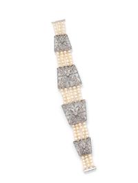 FRENCH, BELLE ÉPOQUE, DIAMOND AND CULTURED PEARL BRACELET