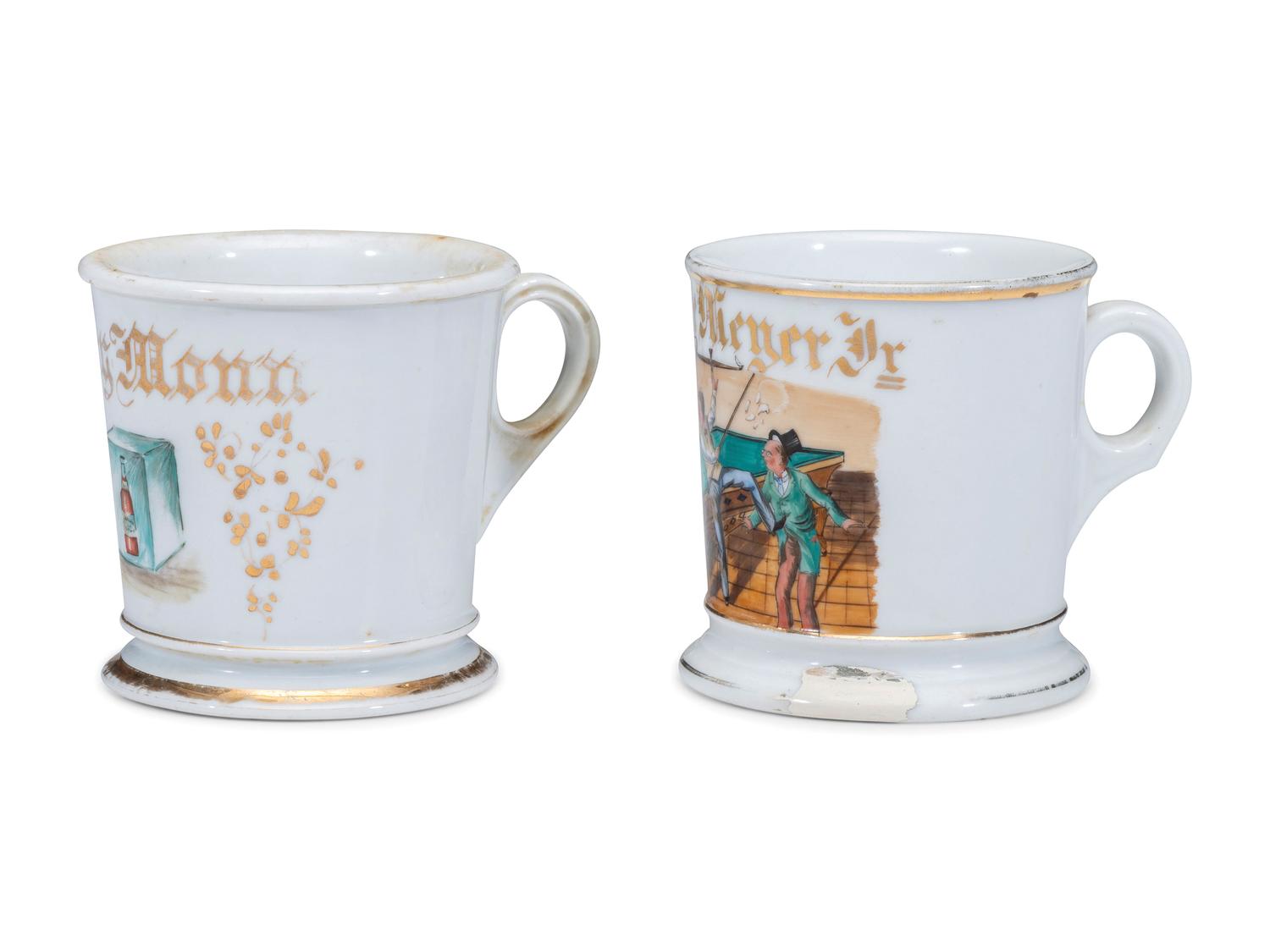 Two Porcelain Shaving Mugs Relating to Leisure Activities