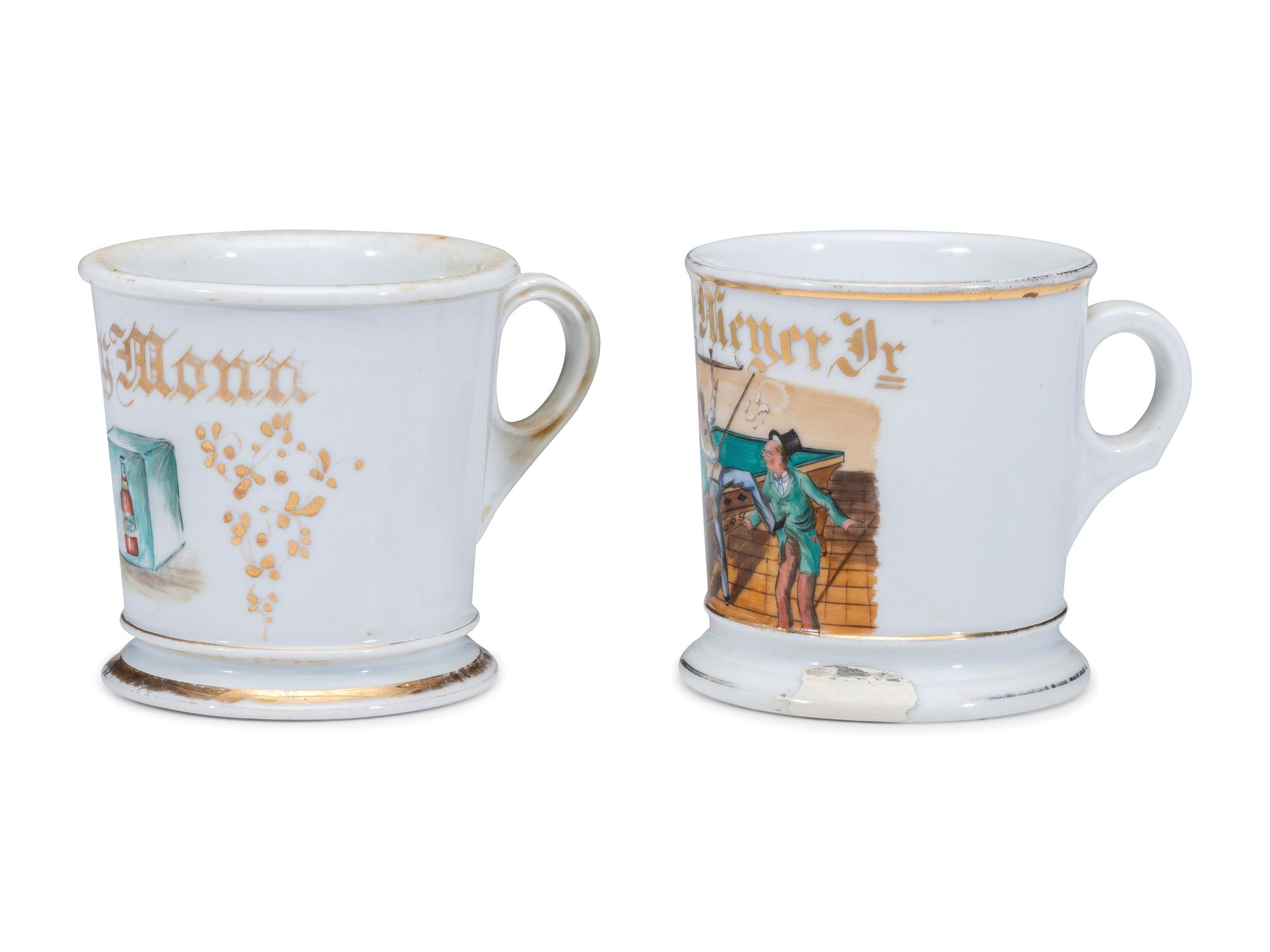 Two Porcelain Shaving Mugs Relating to Leisure Activities