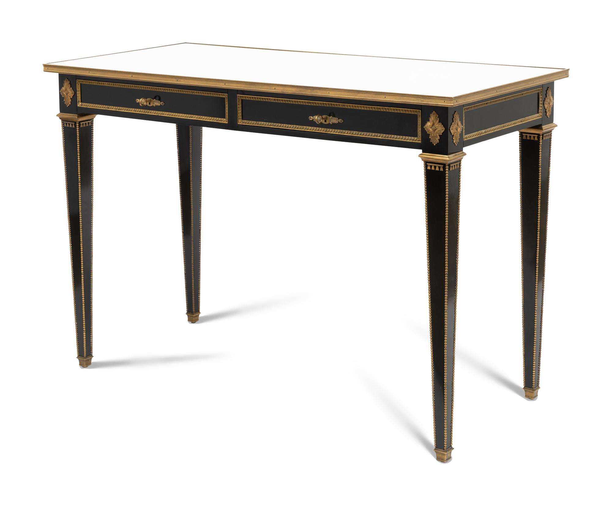 A Ralph Lauren Louis XVI Style Black-Painted Mirror-Top Console Table