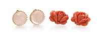 A Collection of 14 Karat Yellow Gold, Coral and Rose Quartz Earrings, 19.40 dwts.