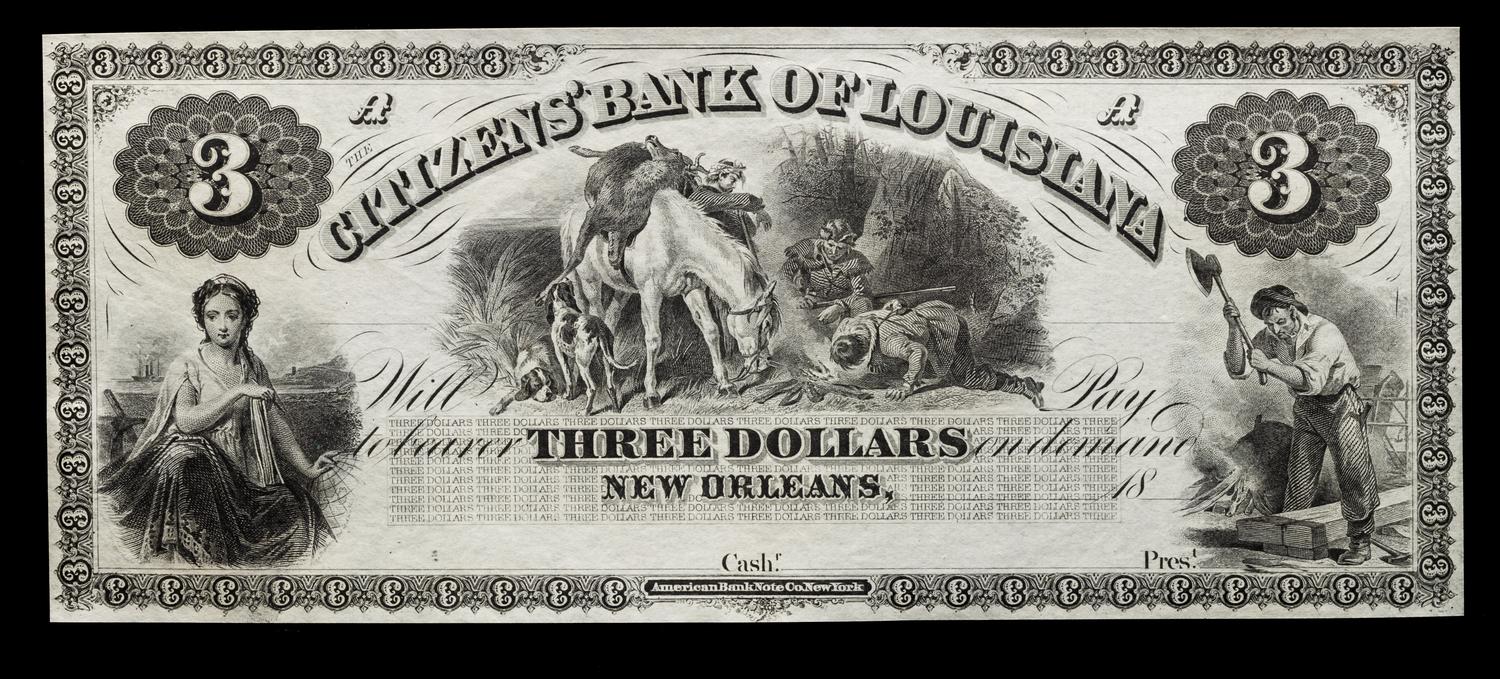 Obsolete $3 Bank Note: Citizens' Bank of Louisiana — NEW ORLEANS, LOUSIANA, CIRCA 1850