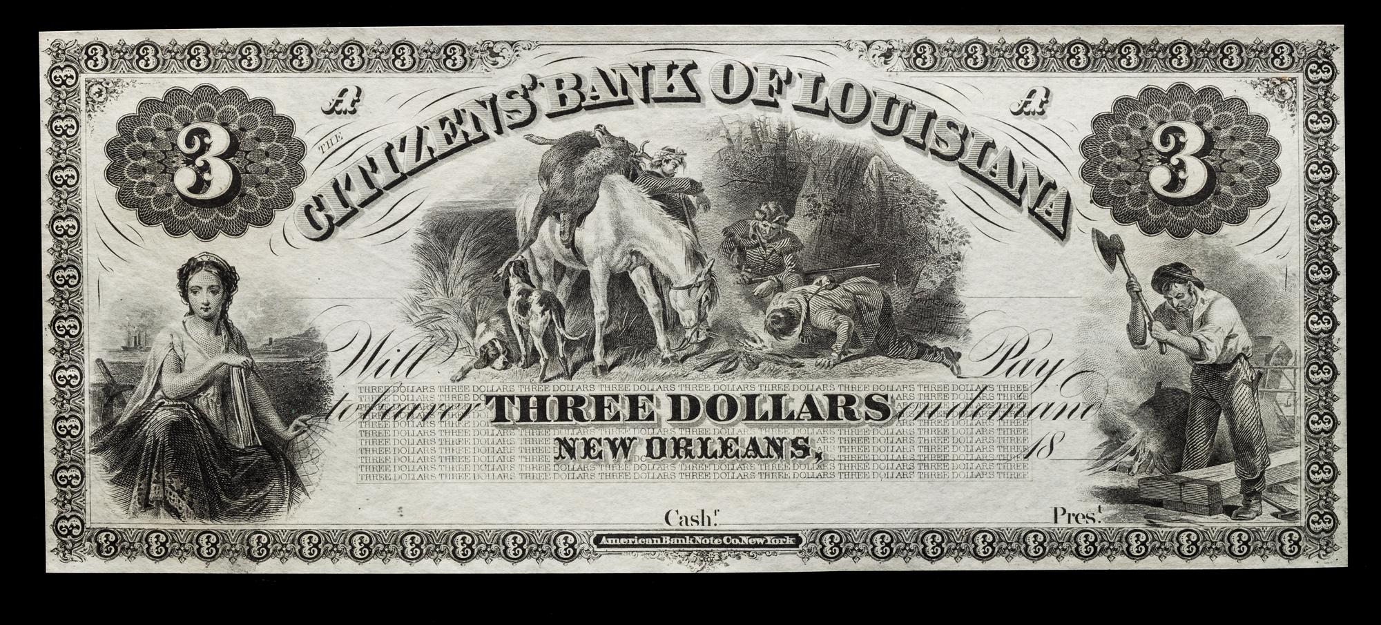 Obsolete $3 Bank Note: Citizens' Bank of Louisiana — NEW ORLEANS, LOUSIANA, CIRCA 1850
