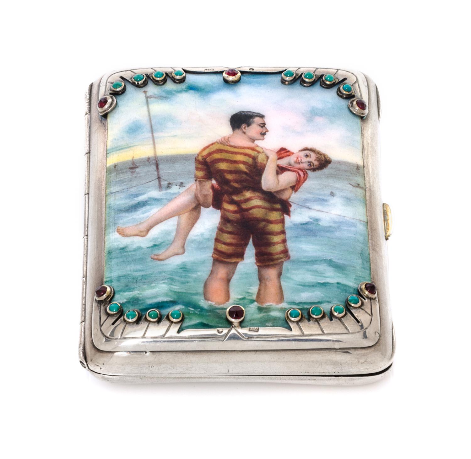 A Russian Jeweled and Enameled Silver Cigarette Case, Maker's mark likely HW, St. Petersburg, late 19th/early 20th century, the lid pai