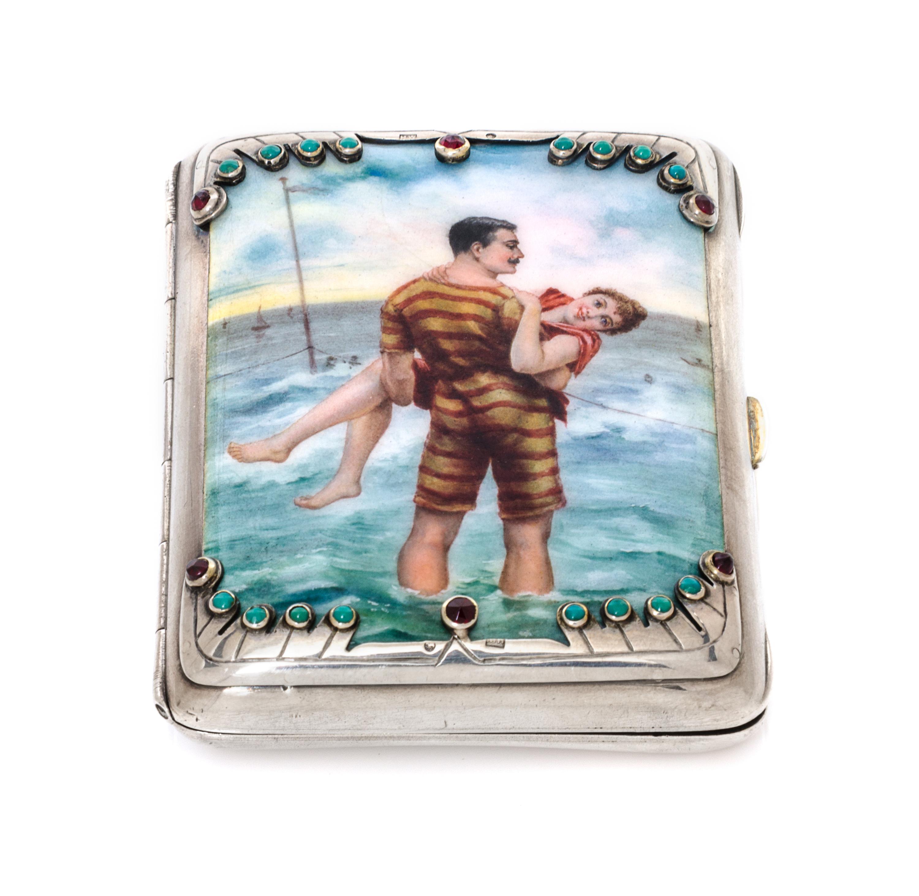 A Russian Jeweled and Enameled Silver Cigarette Case, Maker's mark likely HW, St. Petersburg, late 19th/early 20th century, the lid pai