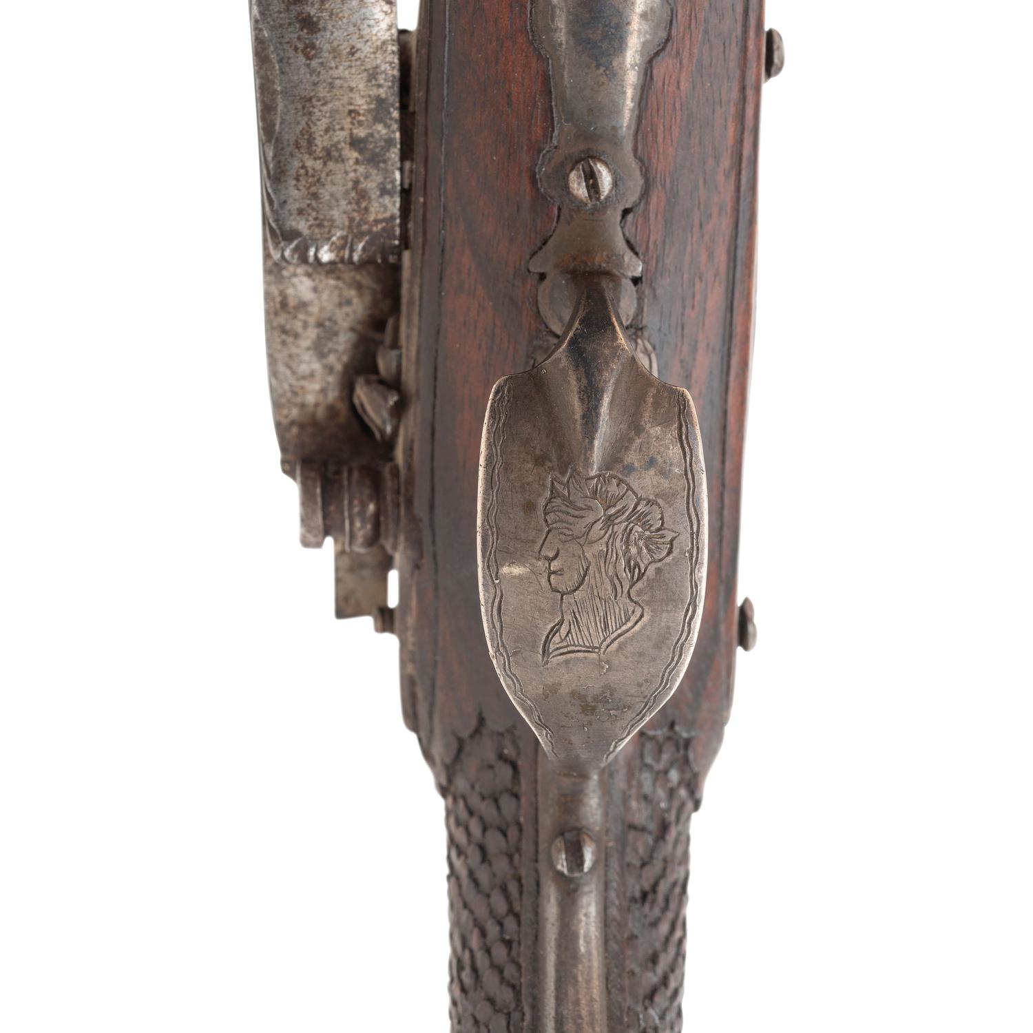 Fine Relief Carved Silver Mounted Spanish Percussion Miquelet Pistol Dated 1832