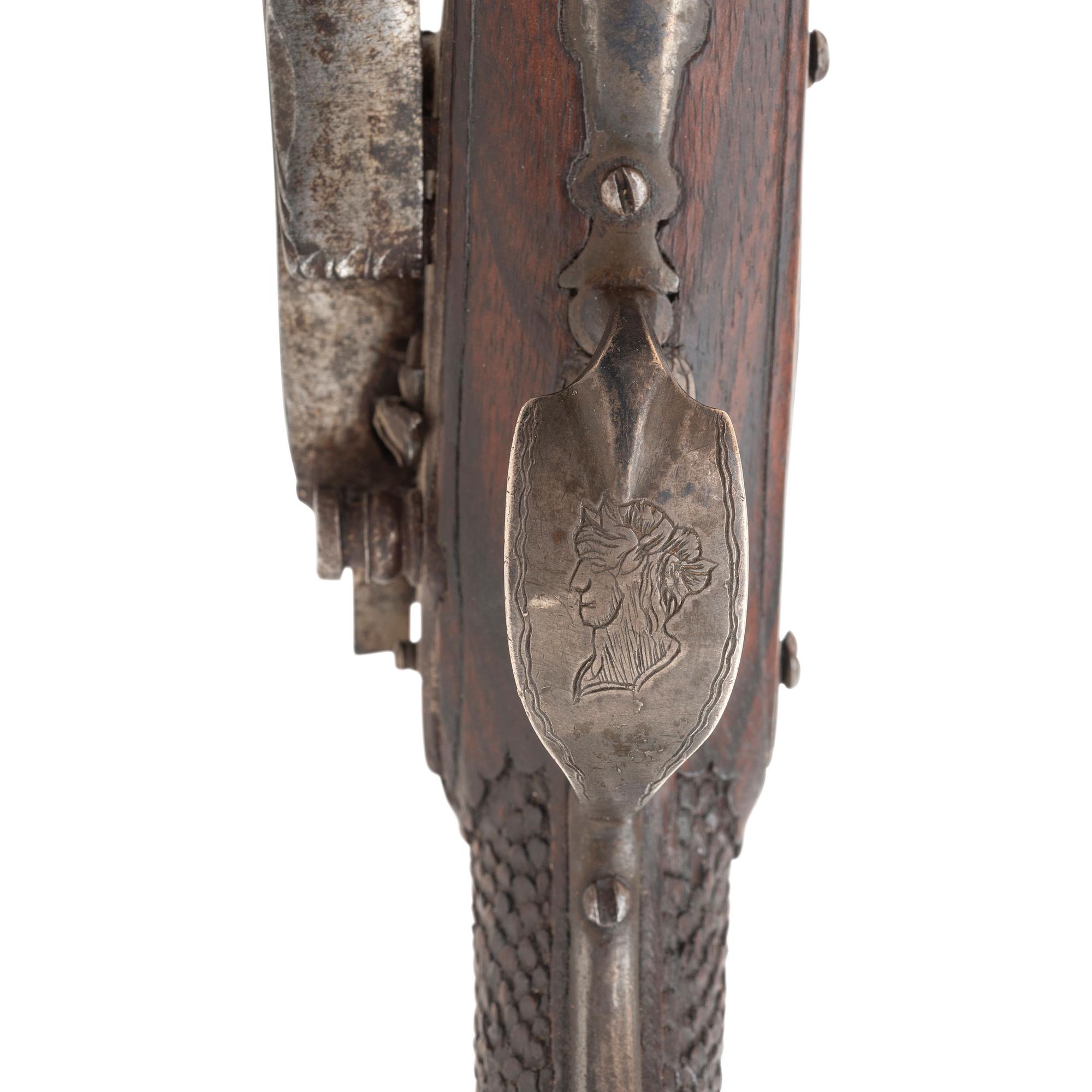 Fine Relief Carved Silver Mounted Spanish Percussion Miquelet Pistol Dated 1832