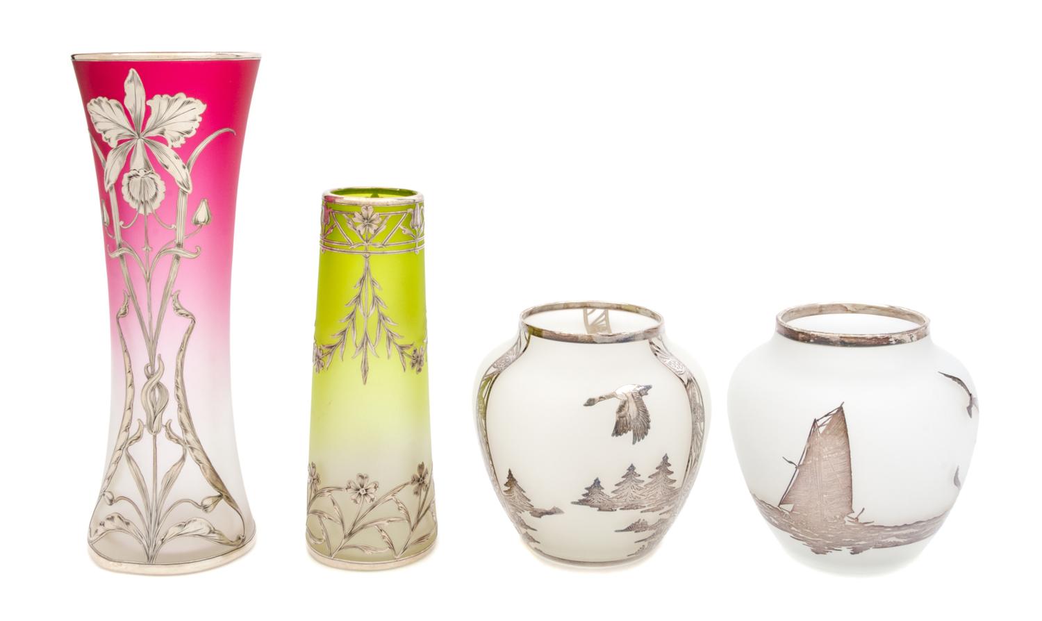 Four Silver Overlay Satin Glass Vases Height of tallest 9 3/8 inches.
