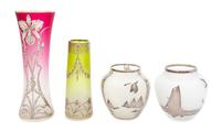 Four Silver Overlay Satin Glass Vases Height of tallest 9 3/8 inches.