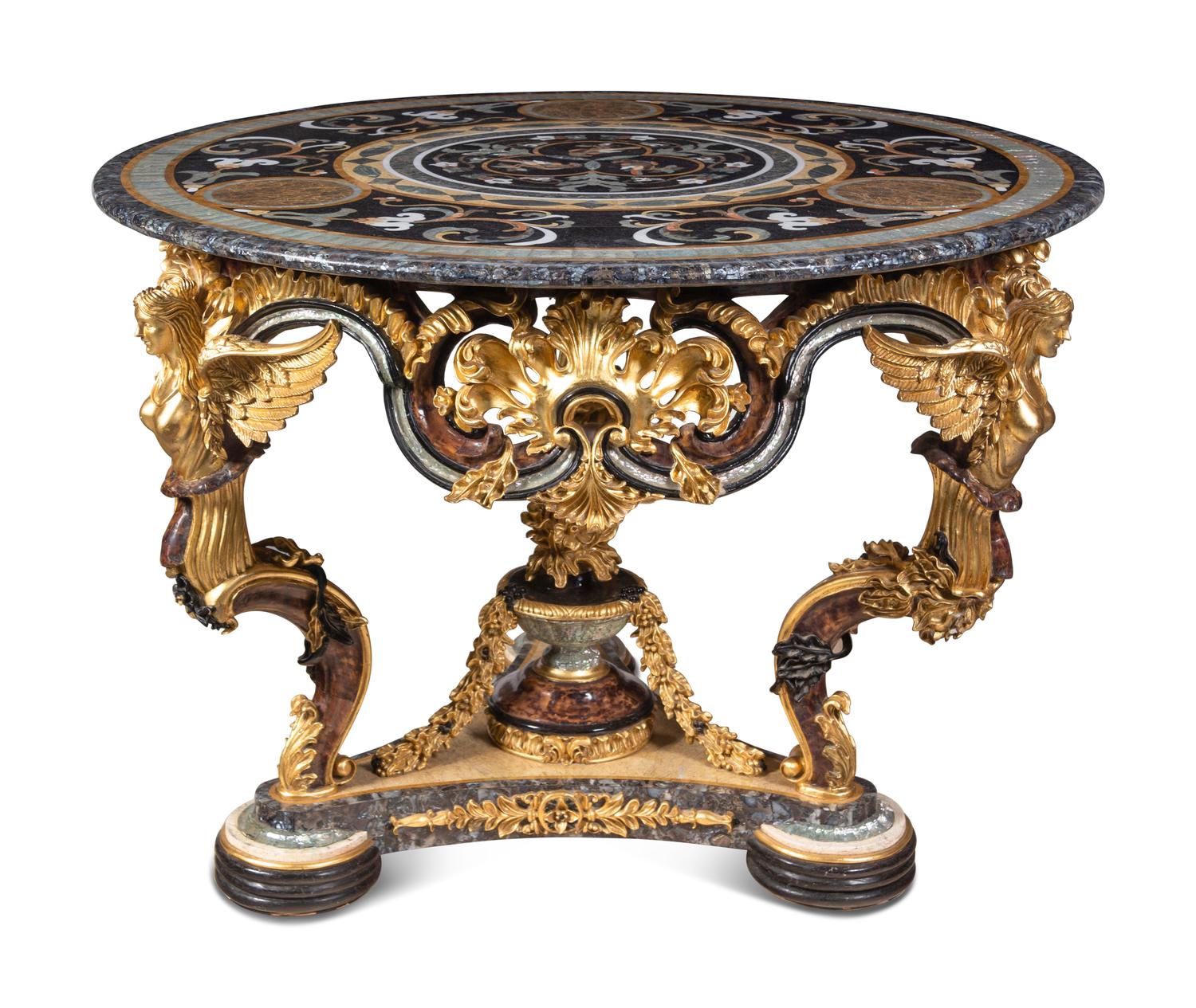 A Continental Parcel Gilt and Ebonized, Pietra Dura and Abalone Inlaid Center Table