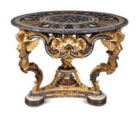 A Continental Parcel Gilt and Ebonized, Pietra Dura and Abalone Inlaid Center Table
