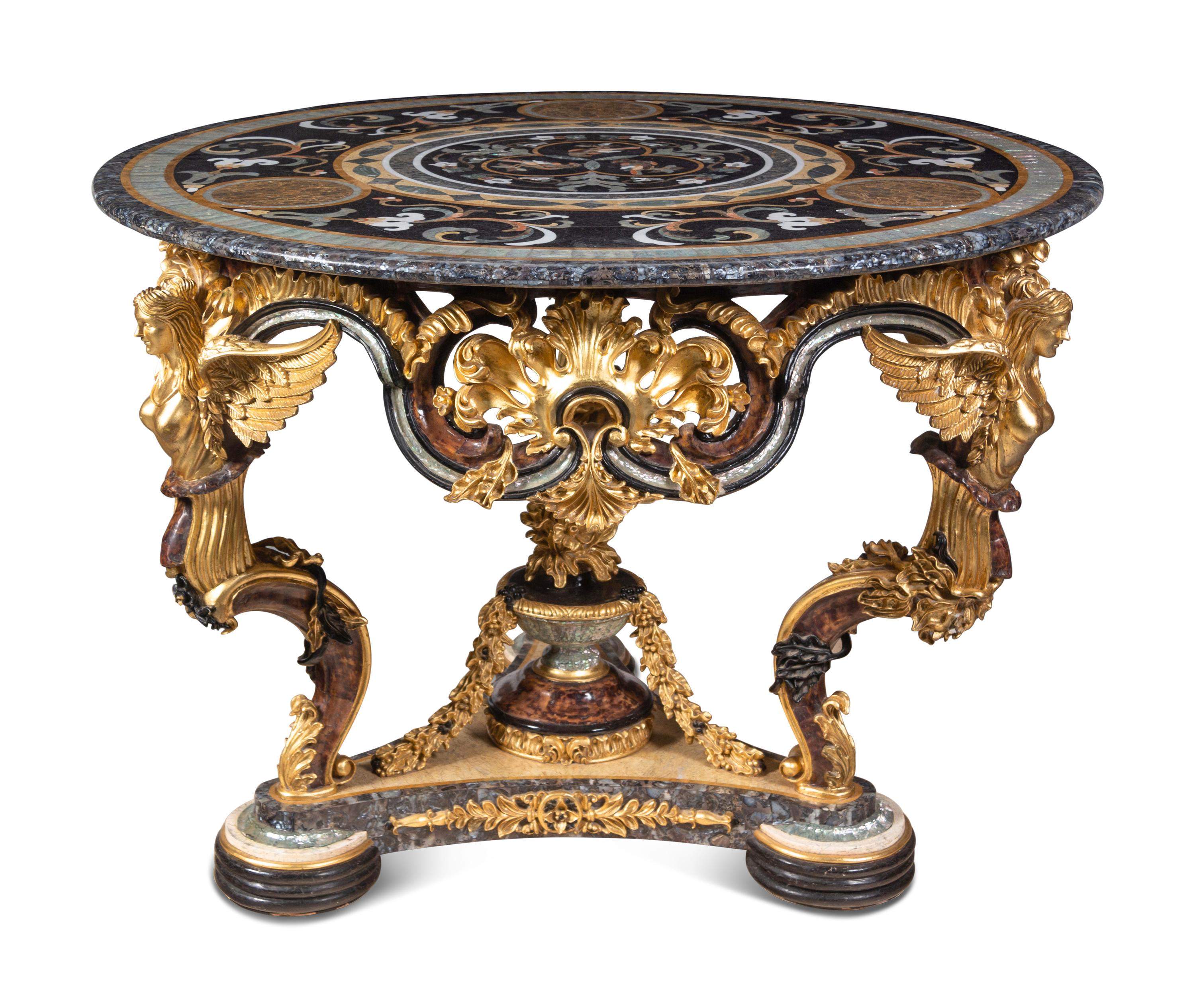 A Continental Parcel Gilt and Ebonized, Pietra Dura and Abalone Inlaid Center Table