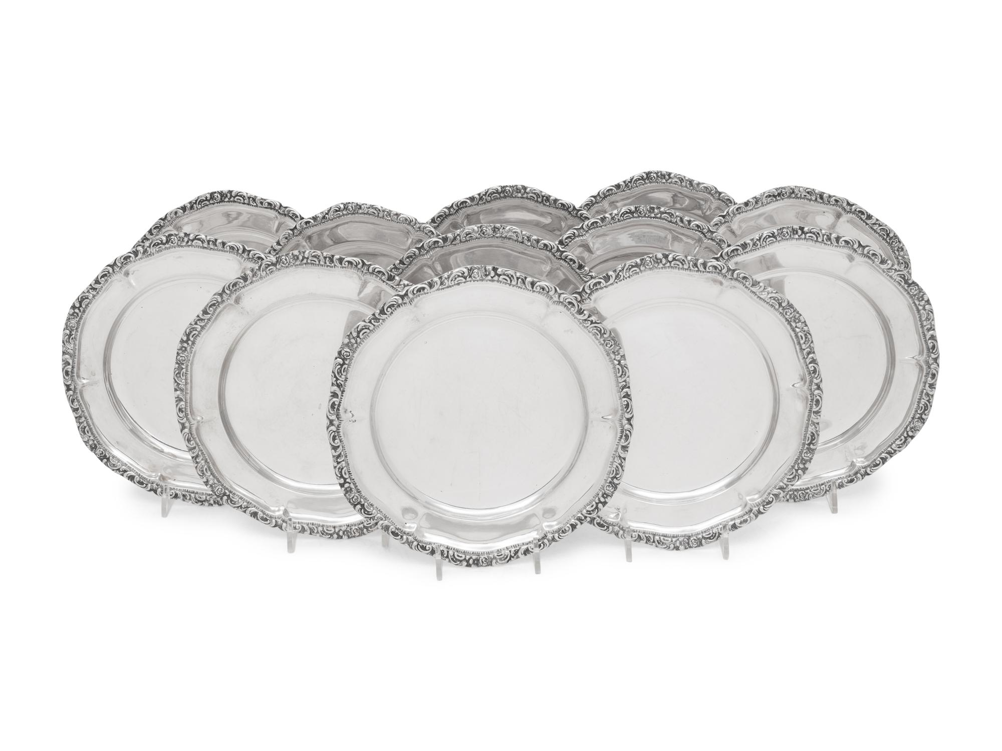 A Set of Twelve Continental Silver Dessert Plates