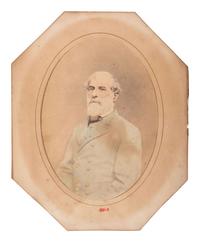 [LEE, Robert E. (1807-1870)]. Albumen photograph of Robert E. Lee with fabric identified as piece of General Lee's uniform.