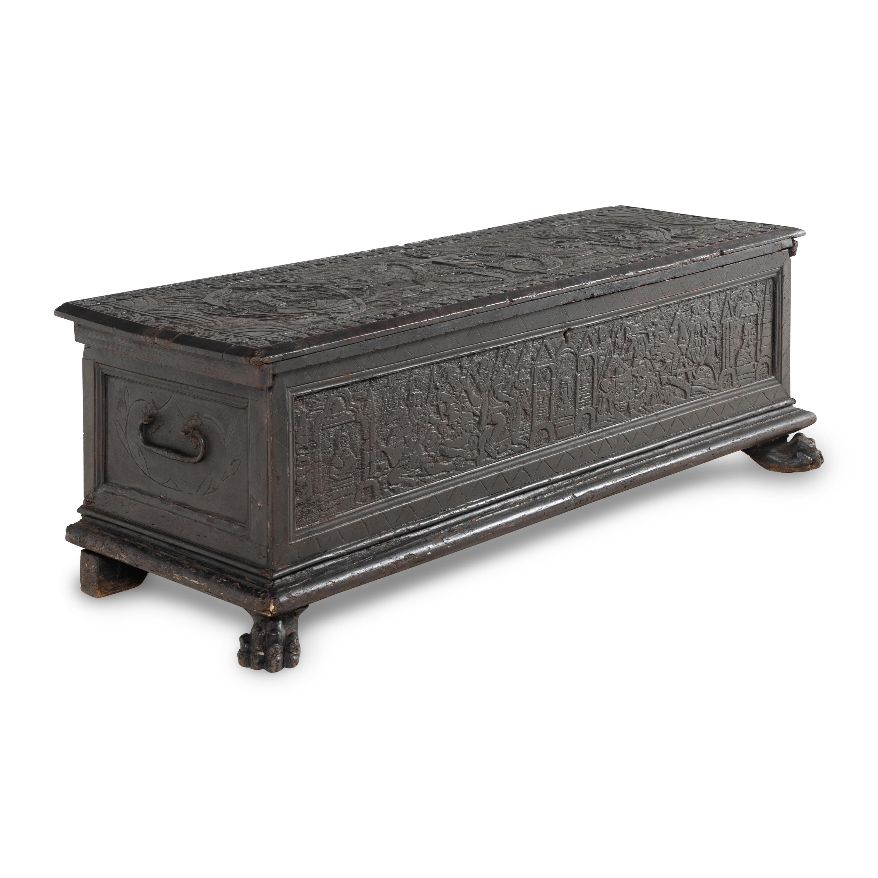 A Continental Carved Oak Coffer