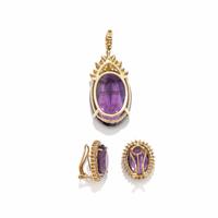 AMETHYST AND DIAMOND EARRINGS AND BROOCH