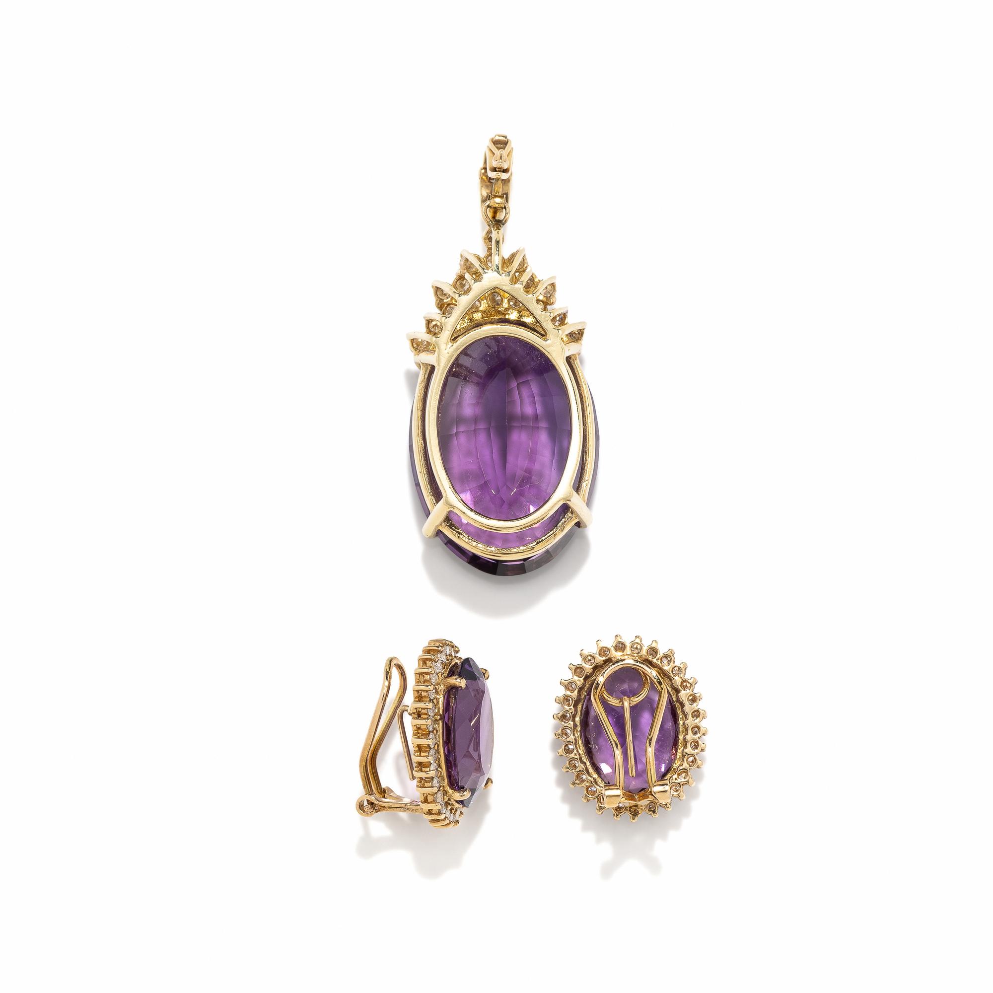 AMETHYST AND DIAMOND EARRINGS AND BROOCH