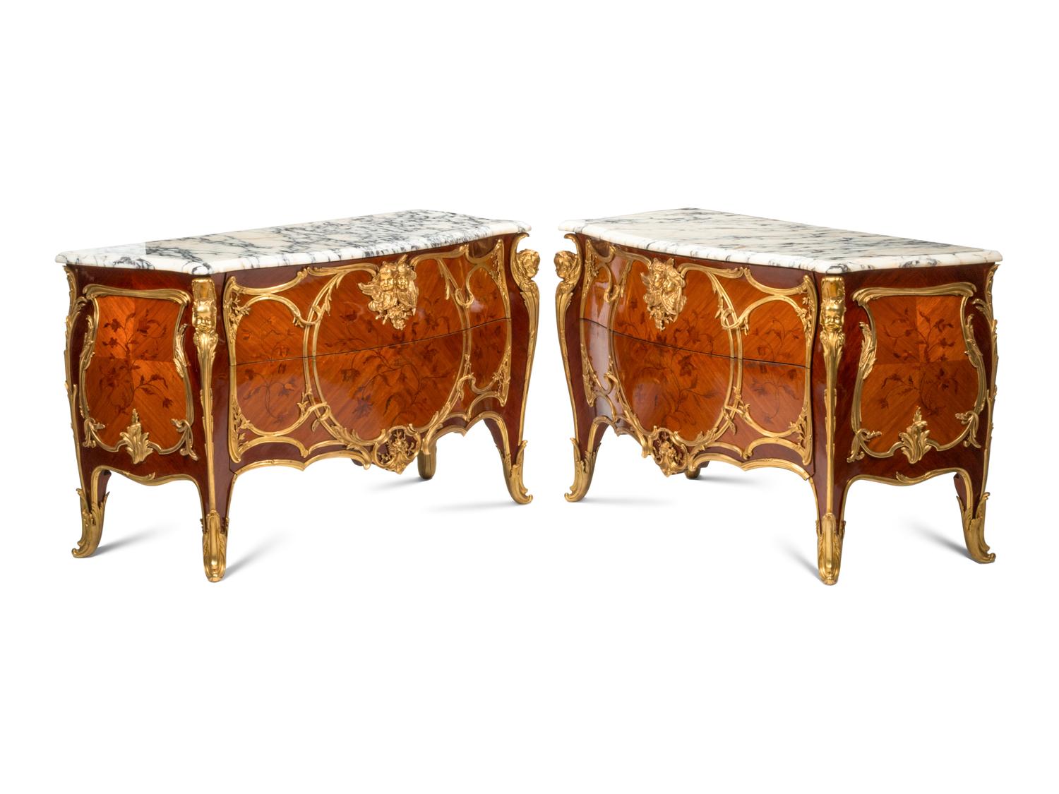 A Pair of Louis XV Style Gilt Bronze Mounted Marquetry Marble-Top Commodes