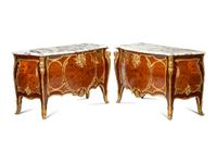 A Pair of Louis XV Style Gilt Bronze Mounted Marquetry Marble-Top Commodes