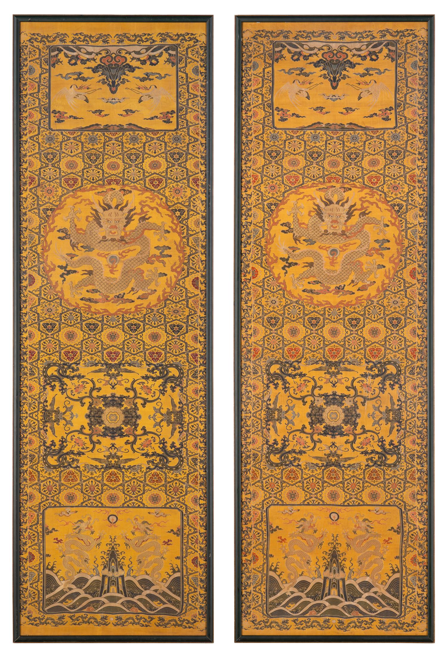 A Pair of Chinese Yellow Ground Brocade Woven 'Dragon' Silk Chair Covers
