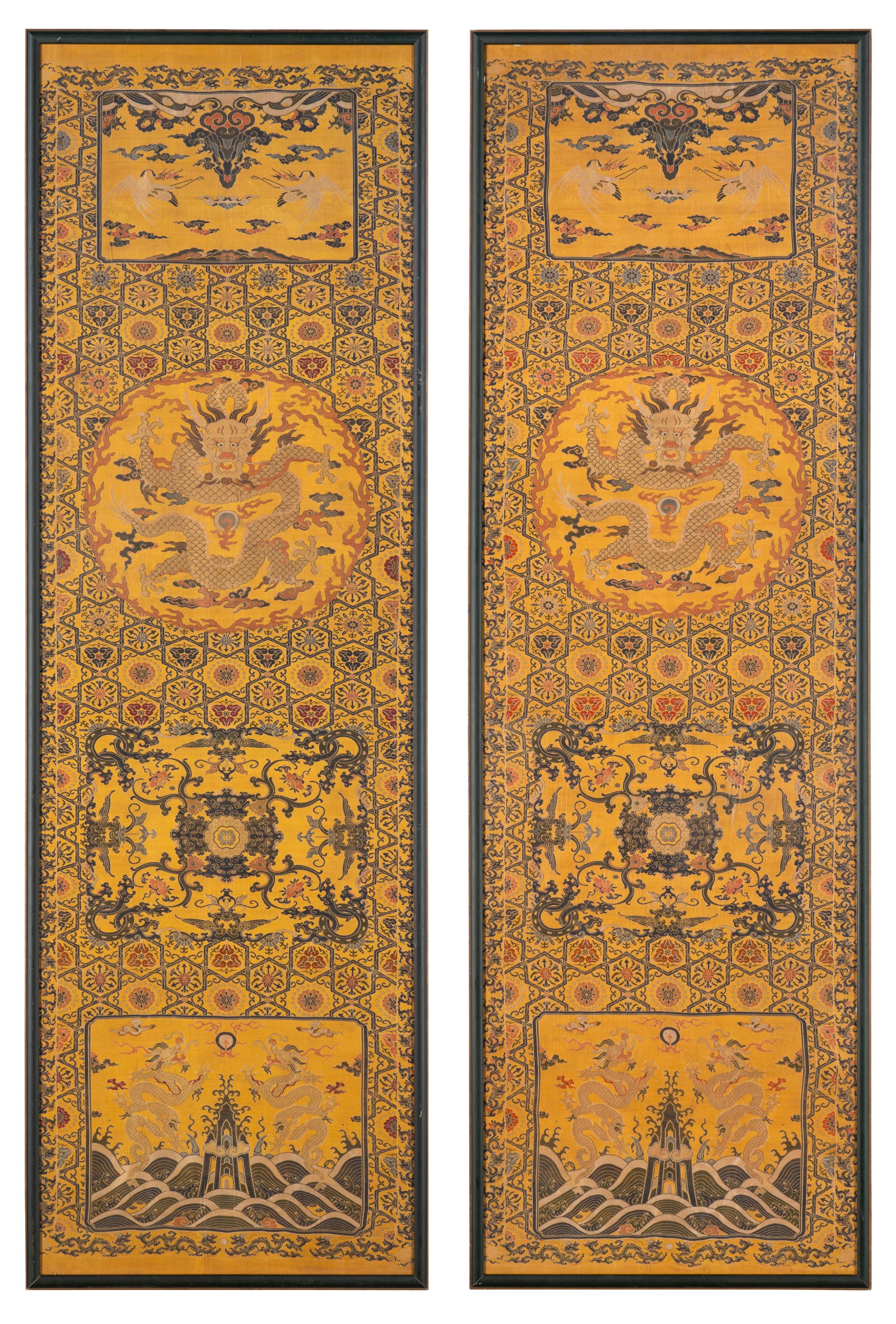 A Pair of Chinese Yellow Ground Brocade Woven 'Dragon' Silk Chair Covers