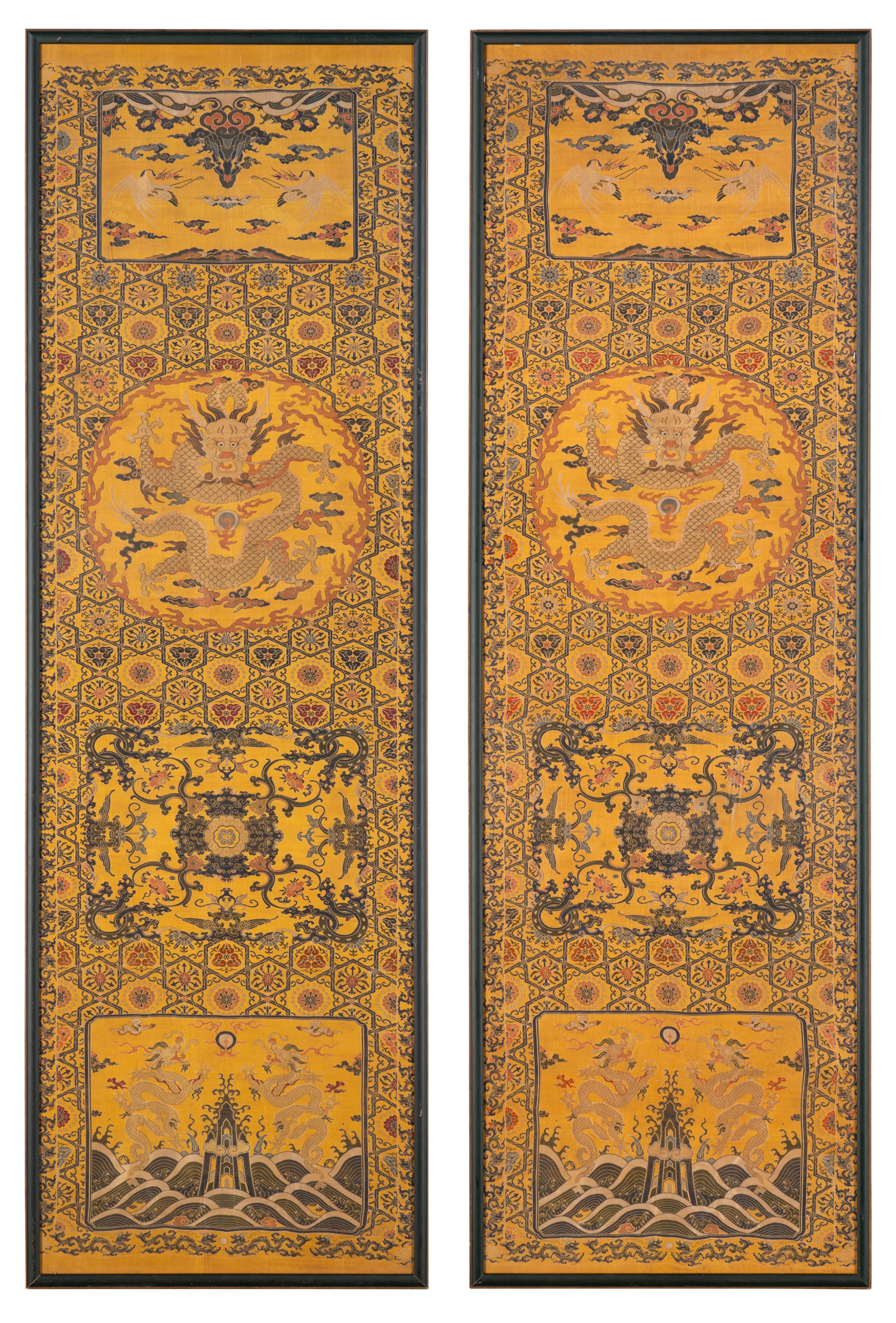 A Pair of Chinese Yellow Ground Brocade Woven 'Dragon' Silk Chair Covers