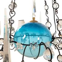 A Custom Blown Blue Glass and Faceted Clear Glass Chandelier