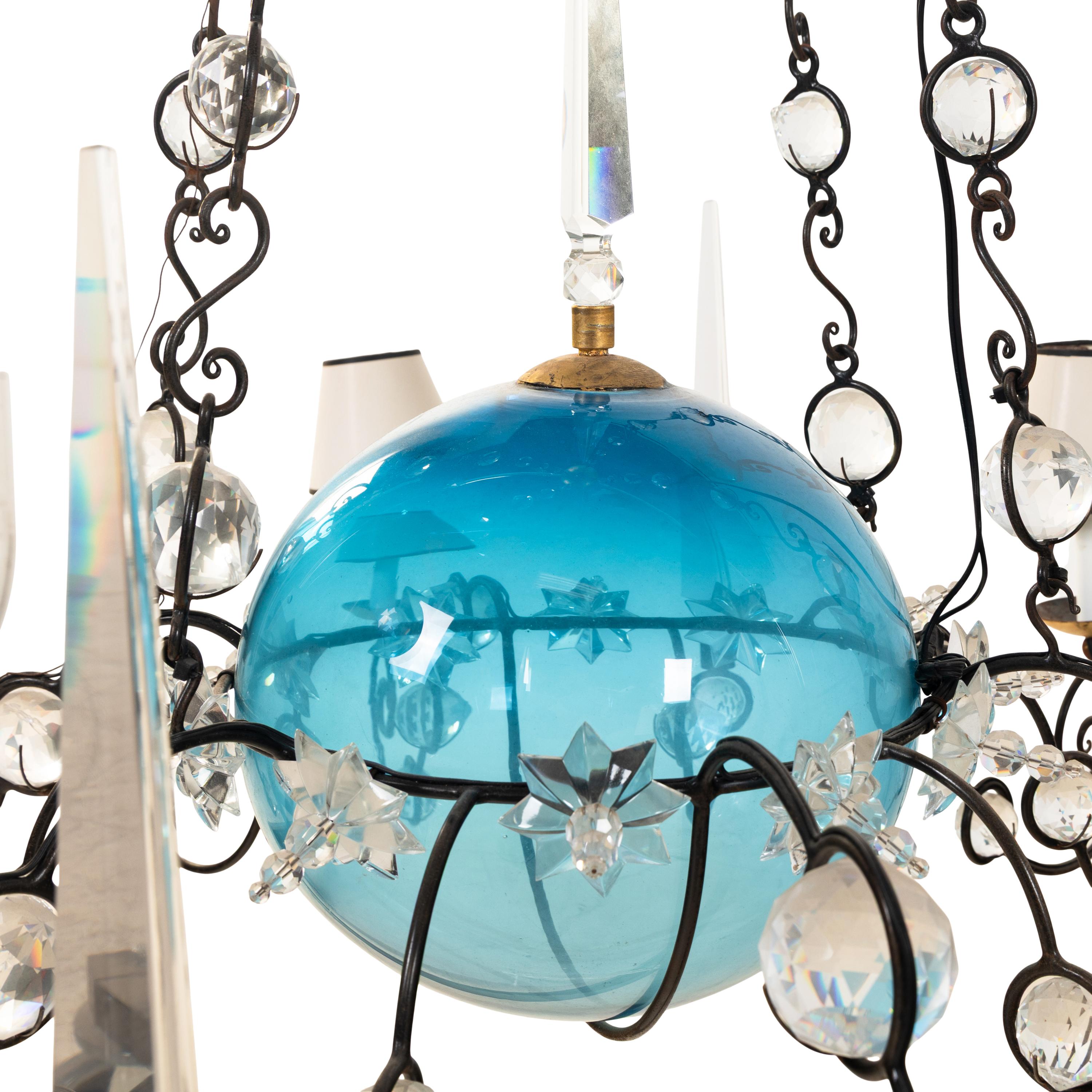A Custom Blown Blue Glass and Faceted Clear Glass Chandelier