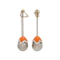 CULTURED TAHITIAN PEARL, CORAL AND DIAMOND EARCLIPS