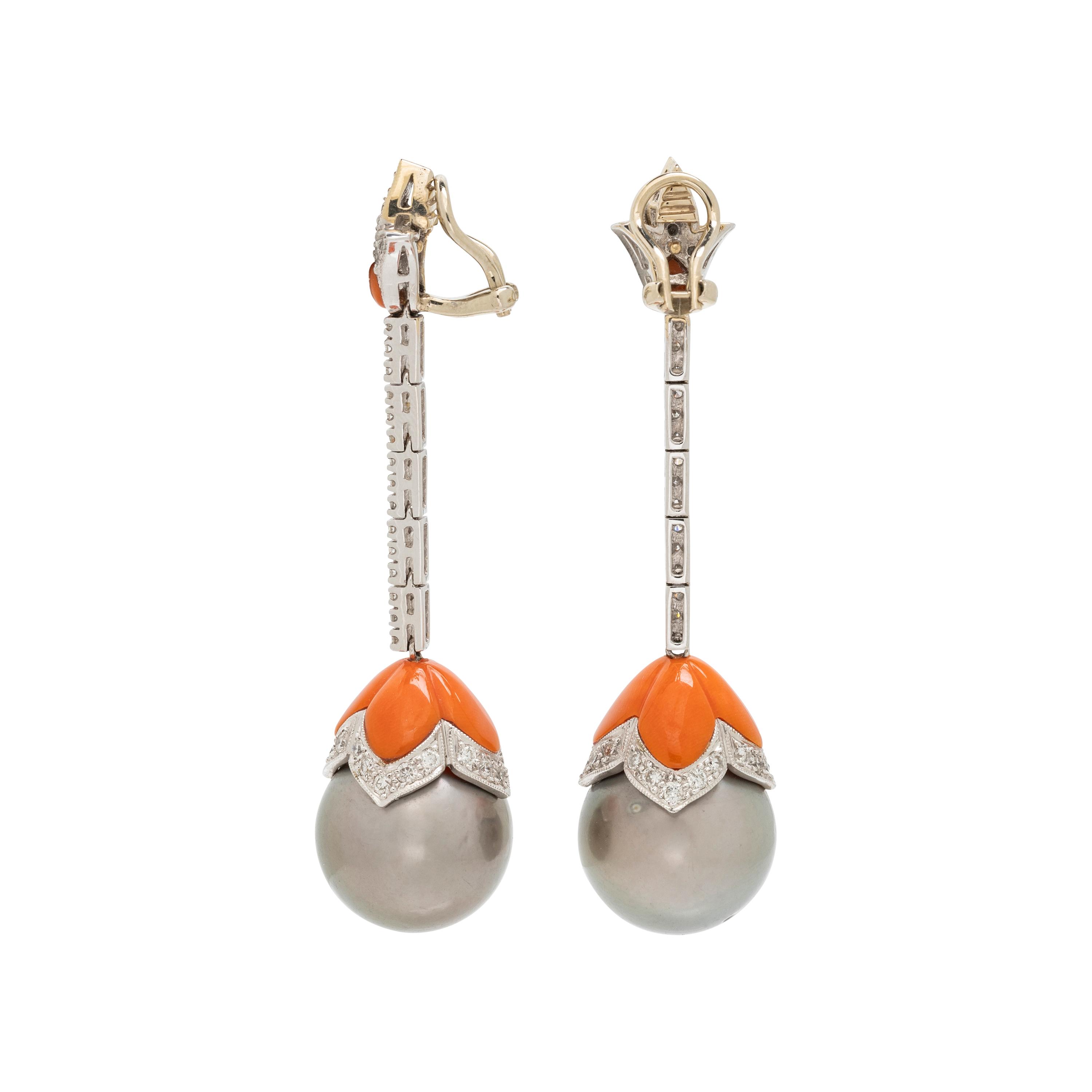 CULTURED TAHITIAN PEARL, CORAL AND DIAMOND EARCLIPS