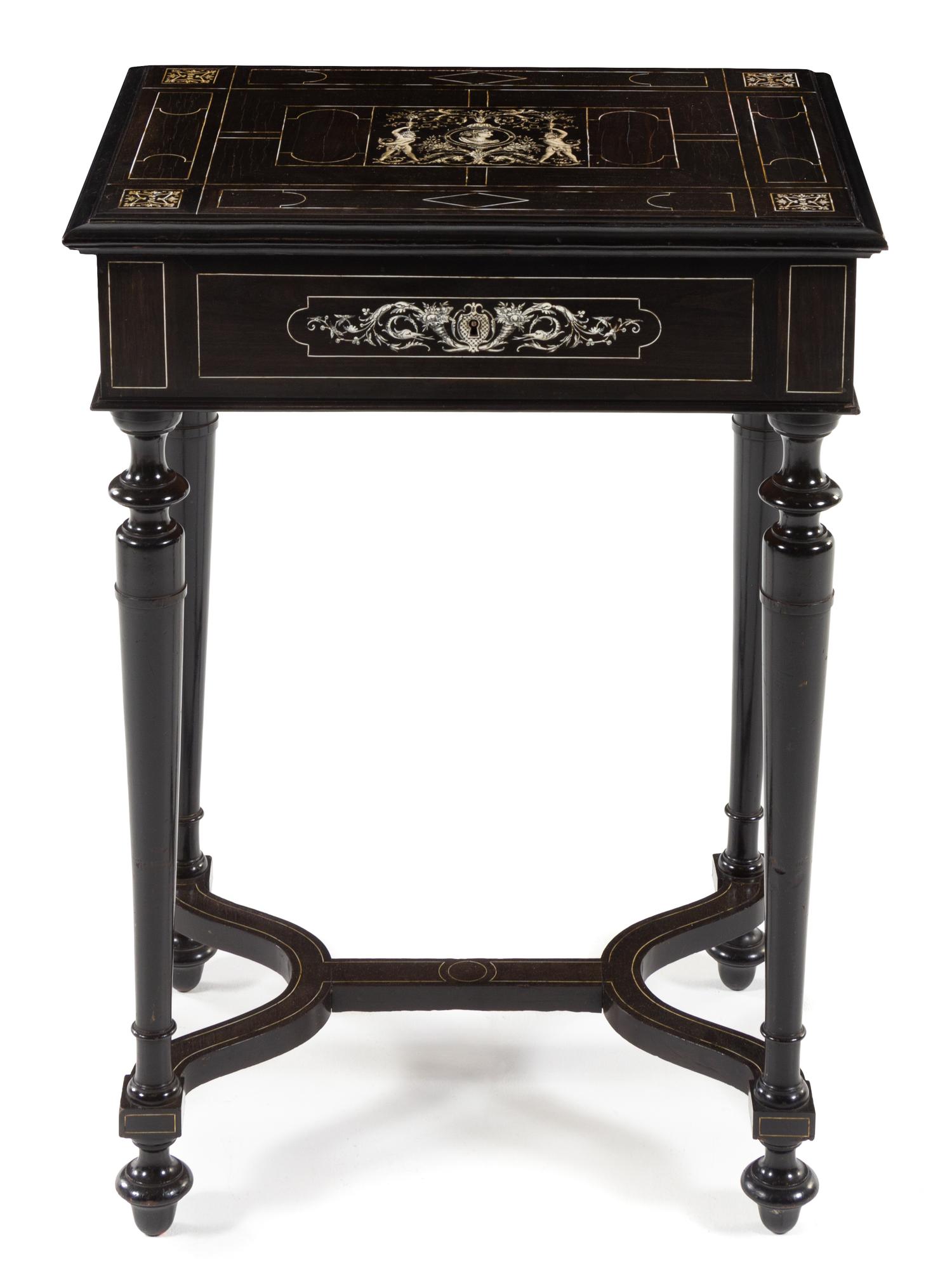 An Italian Ebony and Marquetry Table and Mirror Height 29 1/4 x width 20 3/4 x depth 19 inches. — 19TH CENTURY
