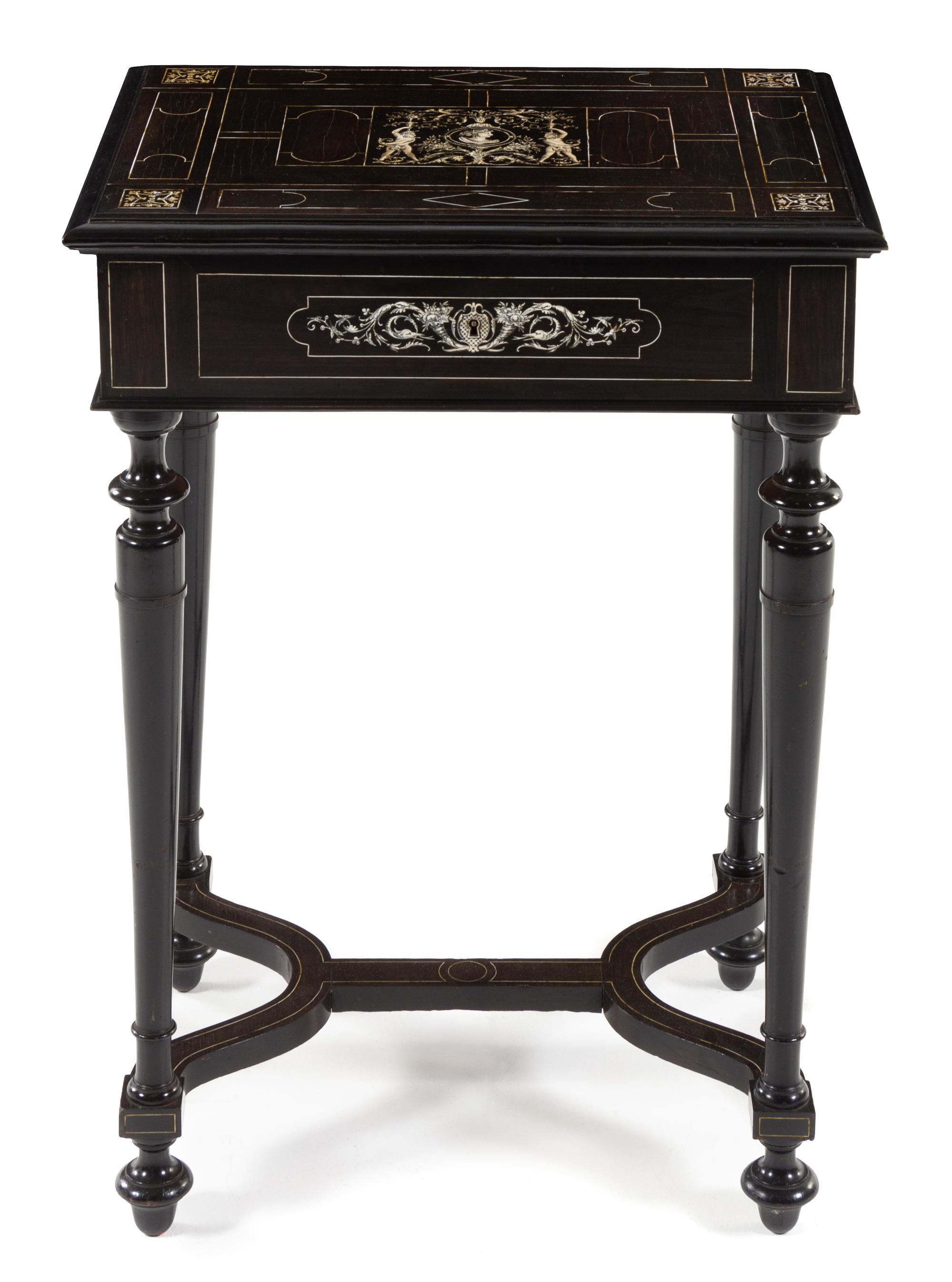An Italian Ebony and Marquetry Table and Mirror Height 29 1/4 x width 20 3/4 x depth 19 inches. — 19TH CENTURY