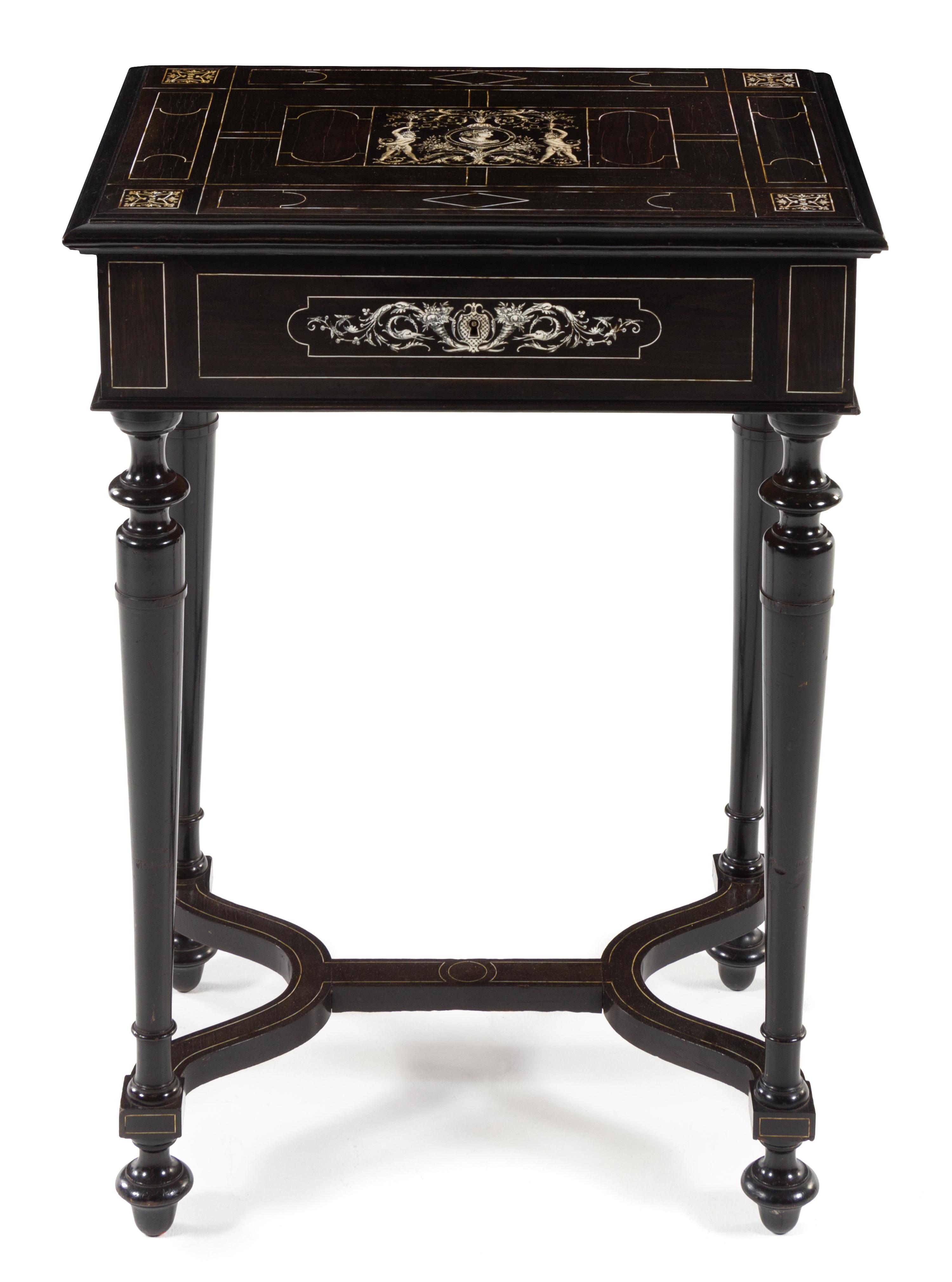 An Italian Ebony and Marquetry Table and Mirror Height 29 1/4 x width 20 3/4 x depth 19 inches. — 19TH CENTURY