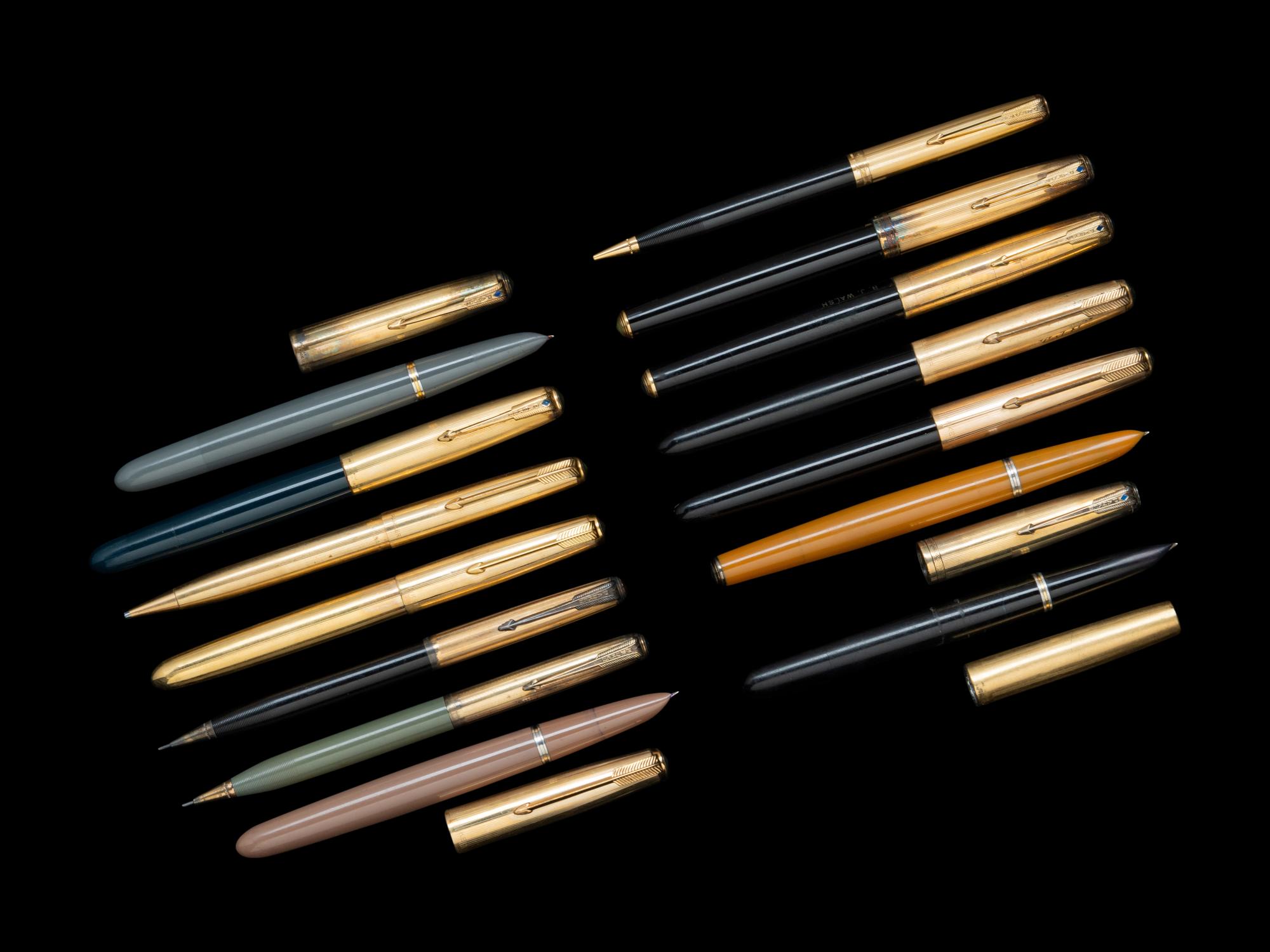 A Collection of Fourteen Parker Gold-filled Decorated Writing Instruments