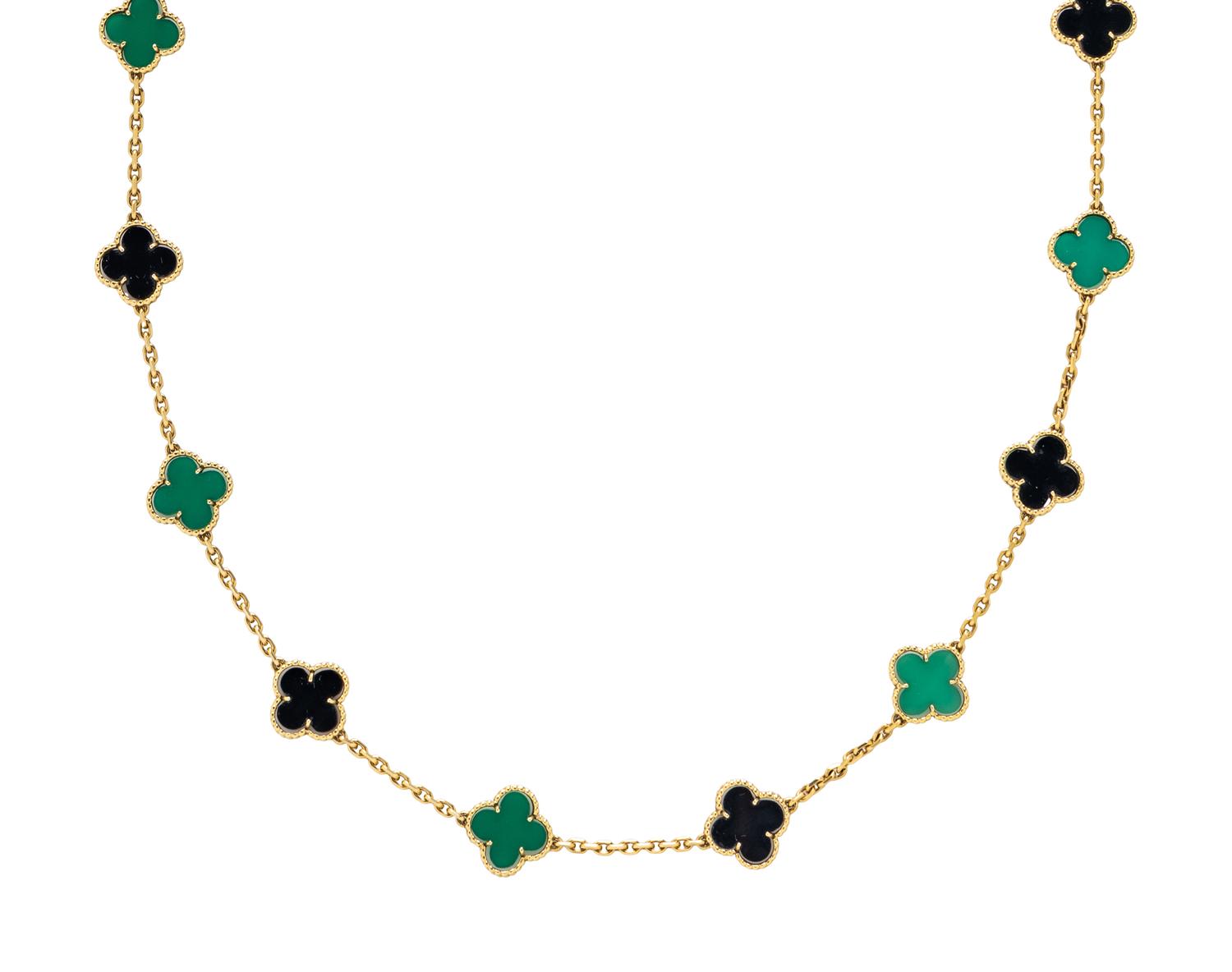 VAN CLEEF & ARPELS, TWENTY MOTIF ONYX, CHRYSOPRASE, AND YELLOW GOLD 'ALHAMBRA' NECKLACE