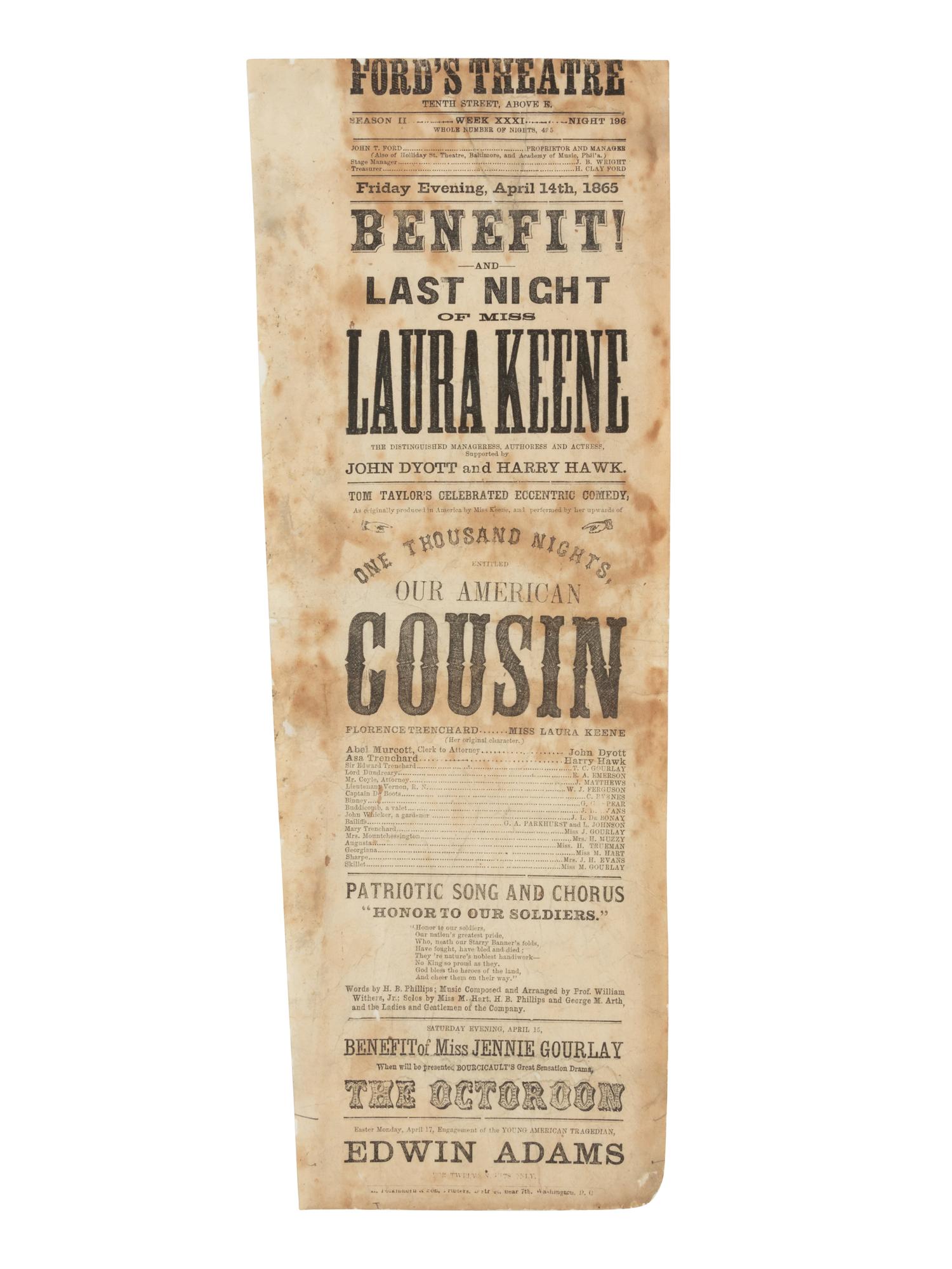 [LINCOLN ASSASSINATION]. An orchestra seat ticket stub for the 14 April 1865 performance of Our American Cousin at Ford's Theatre.